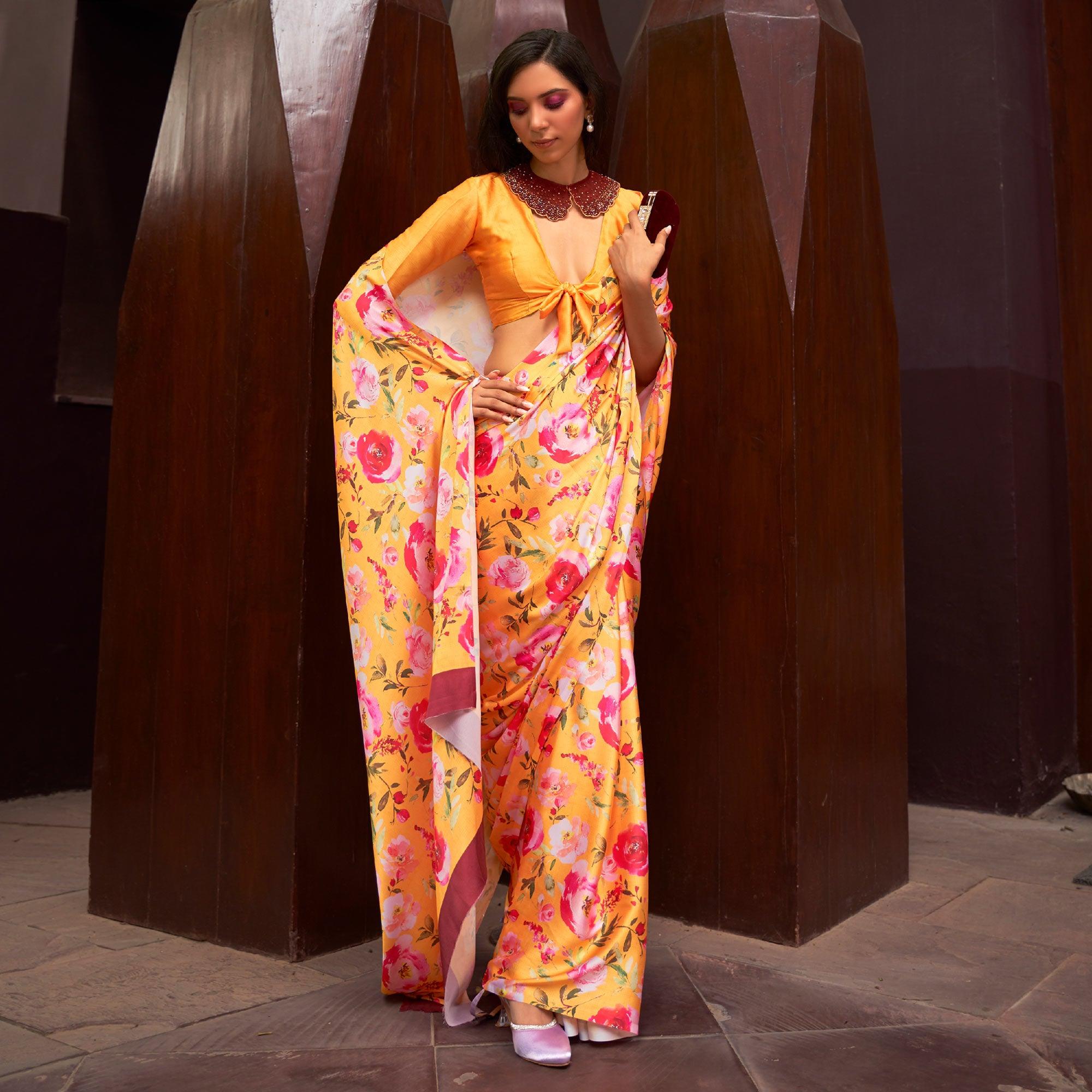 Yellow Floral Digital Printed Satin Saree - Peachmode