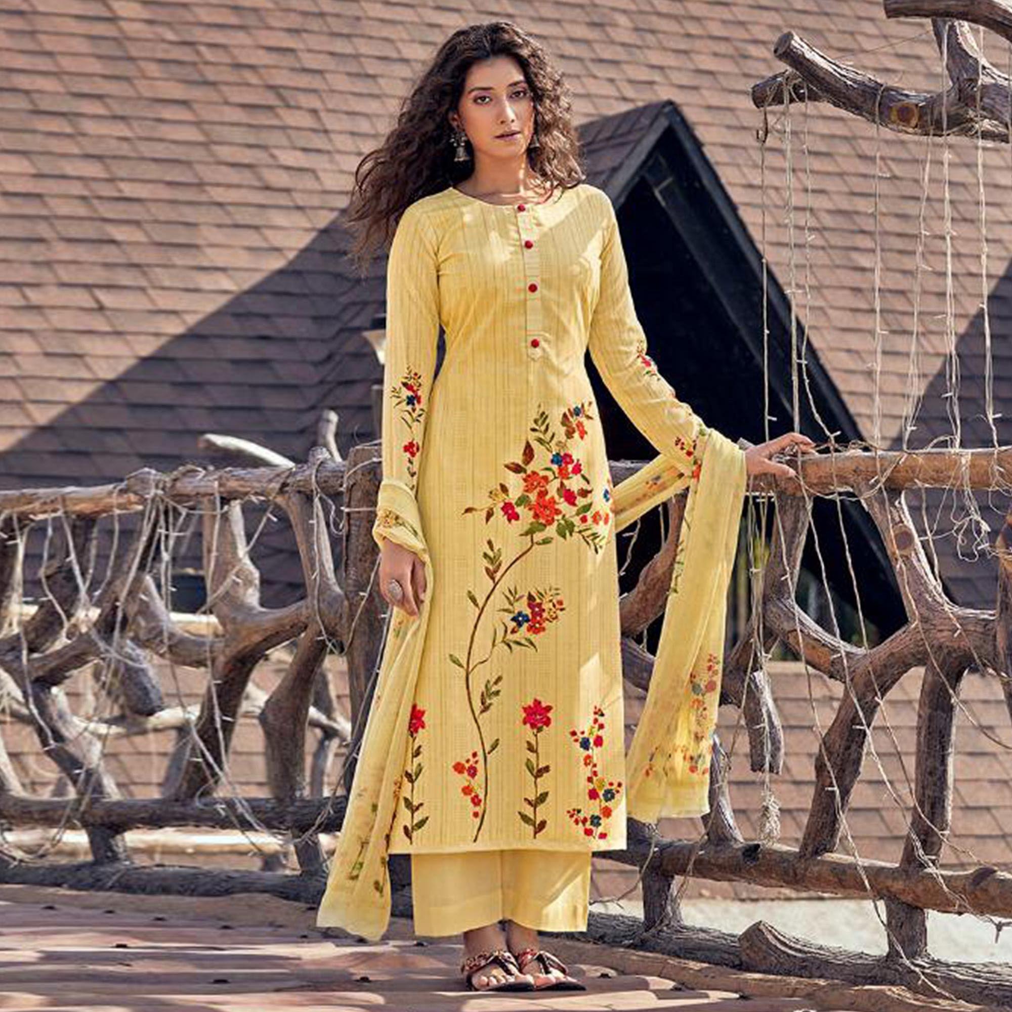 Yellow Floral Digital Printed With Handwork Cambric Cotton Partywear Suit - Peachmode