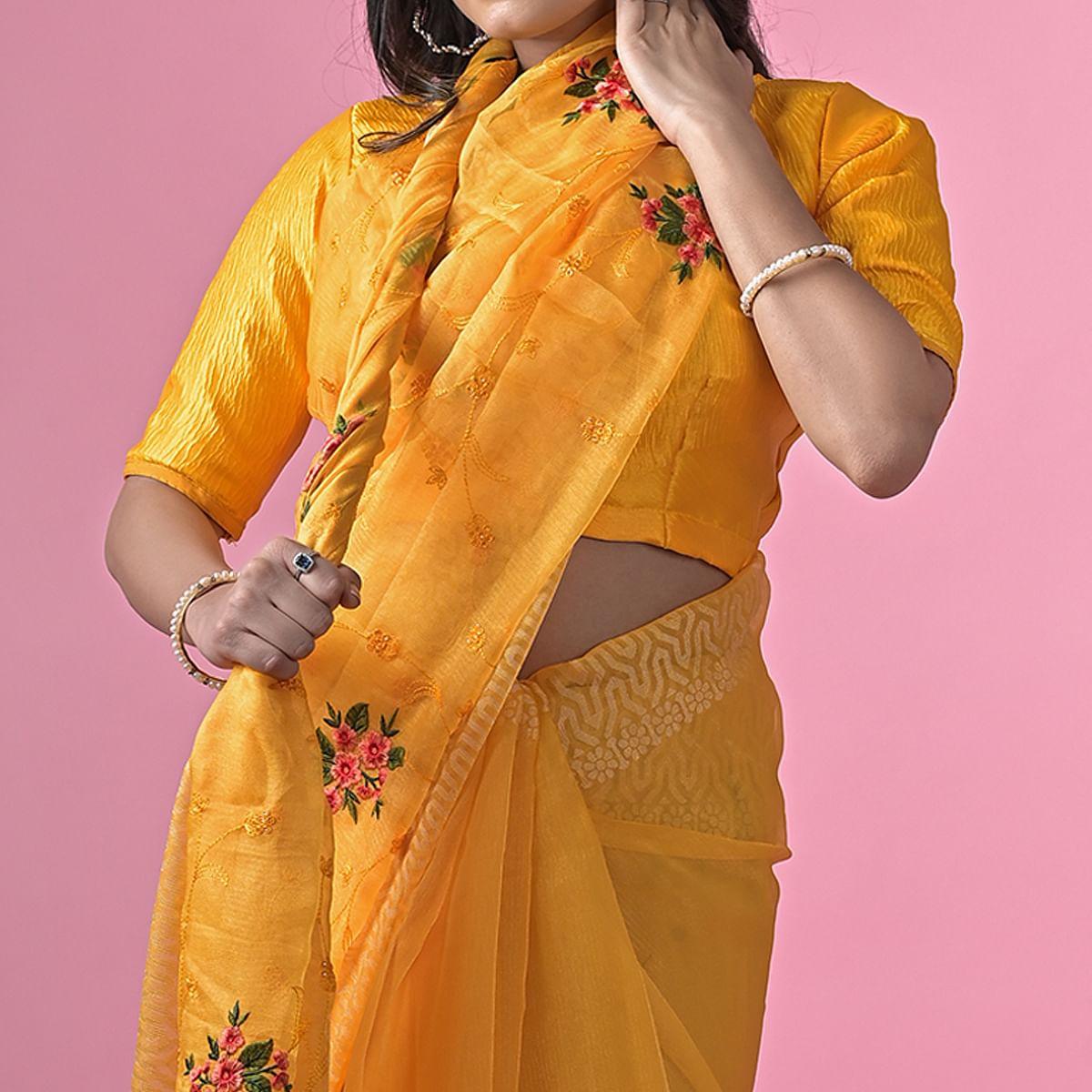 Yellow Floral Embroidered Brasso Saree - Peachmode