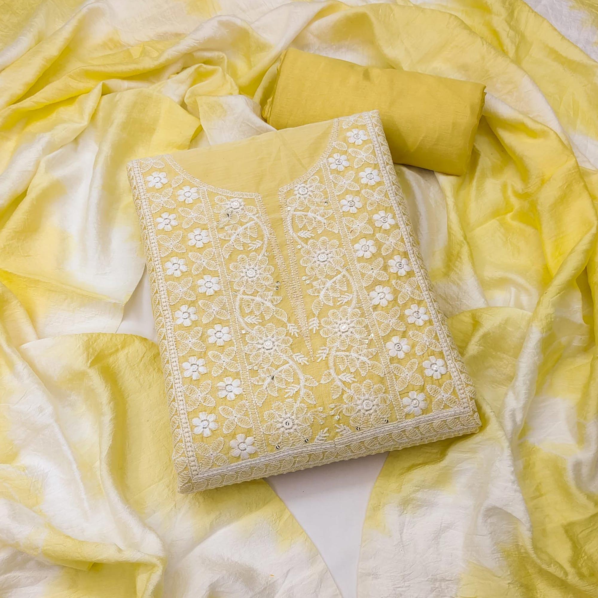 Yellow Floral Embroidered Chanderi Dress Material - Peachmode