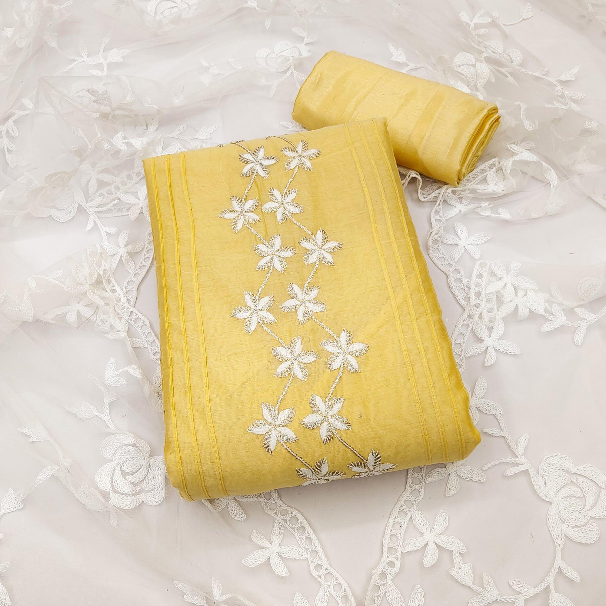 Yellow Floral Embroidered Chanderi Dress Material - Peachmode