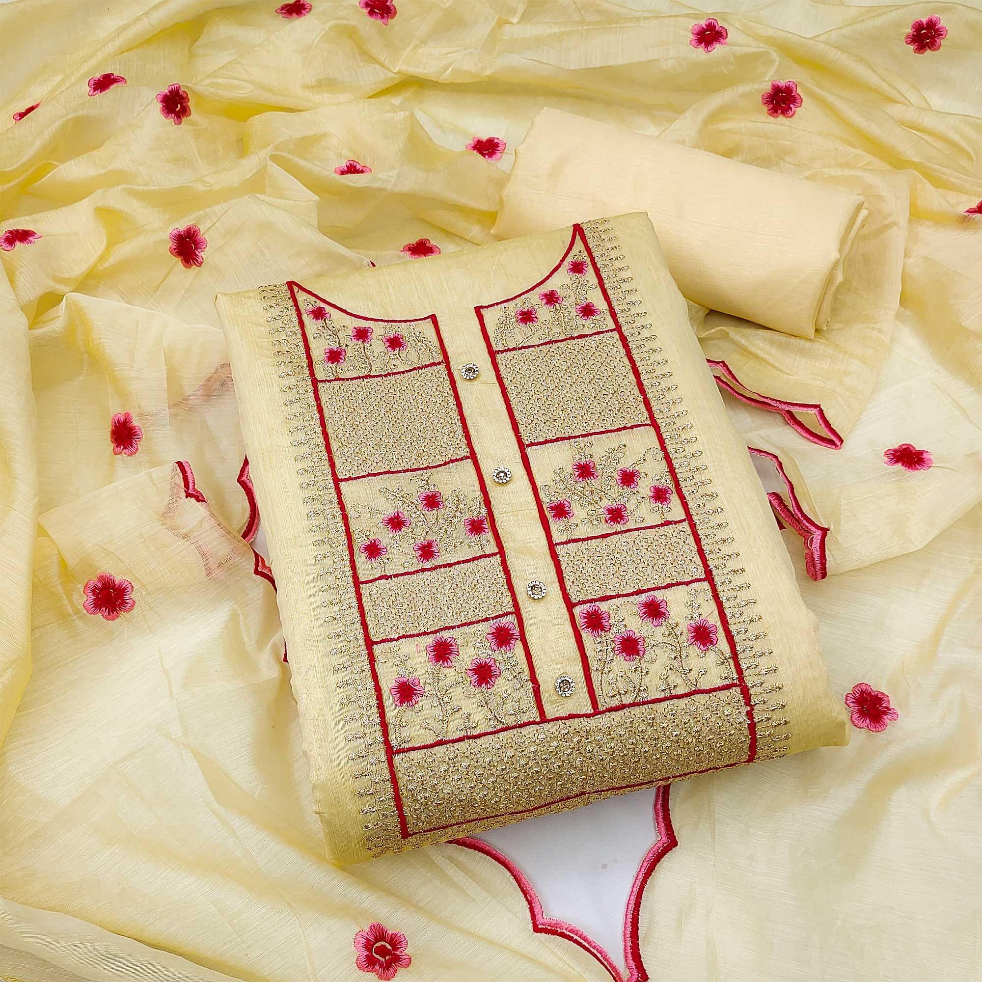 Yellow Floral Embroidered Chanderi Dress Material - Peachmode