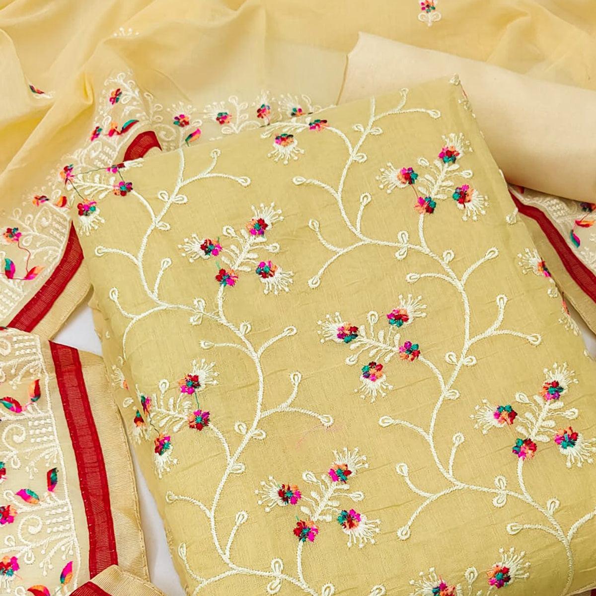 Yellow Floral Embroidered Chanderi Dress Material - Peachmode