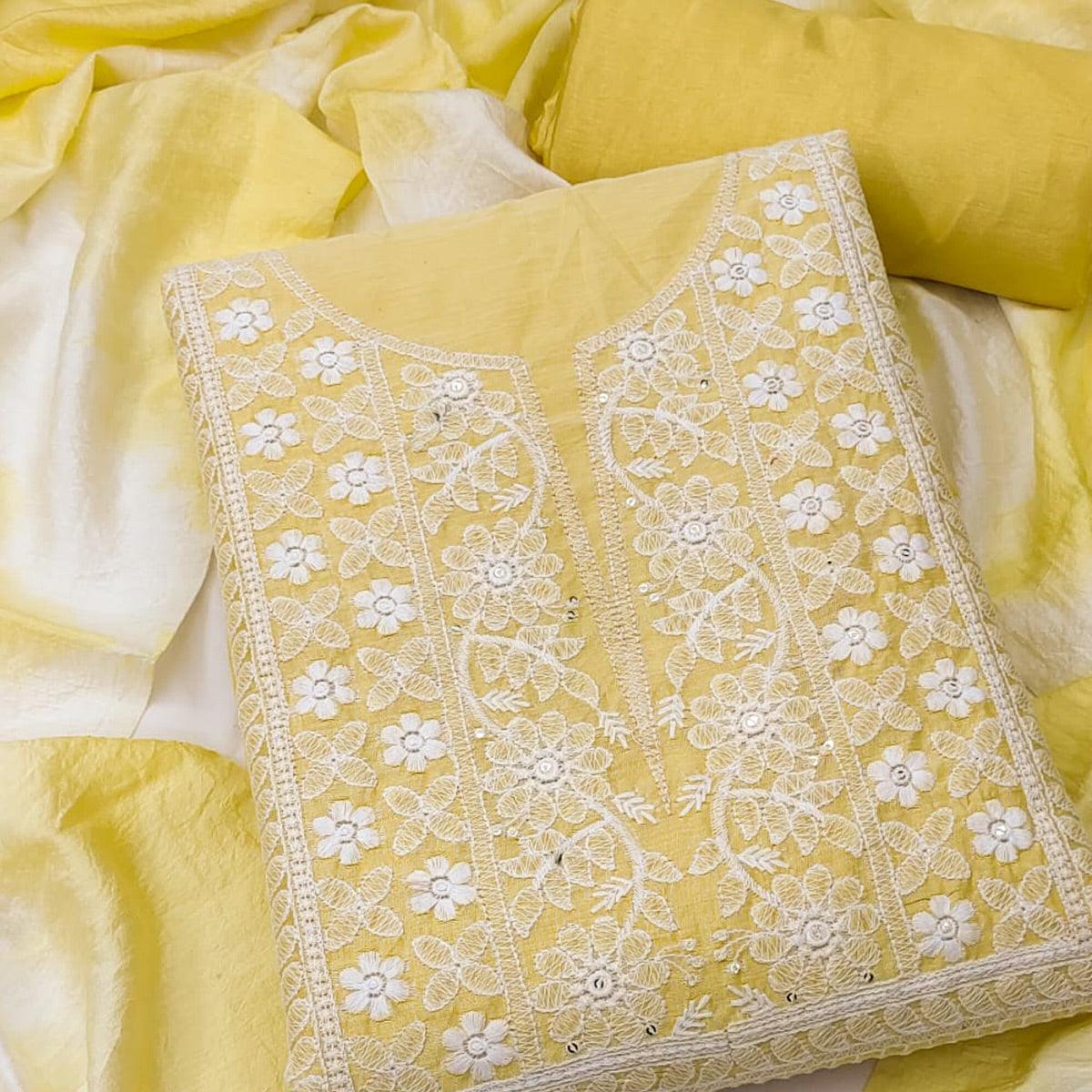 Yellow Floral Embroidered Chanderi Dress Material - Peachmode