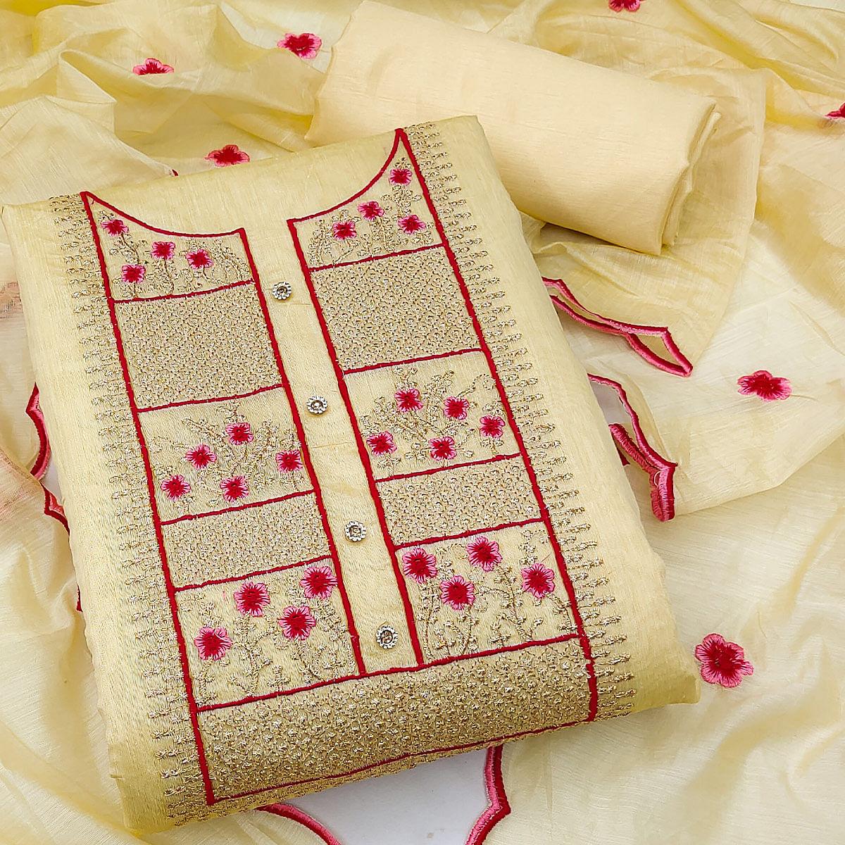 Yellow Floral Embroidered Chanderi Dress Material - Peachmode