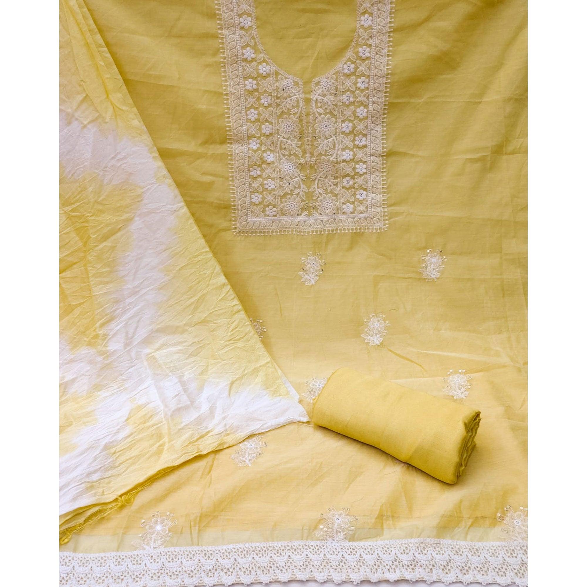 Yellow Floral Embroidered Chanderi Dress Material - Peachmode
