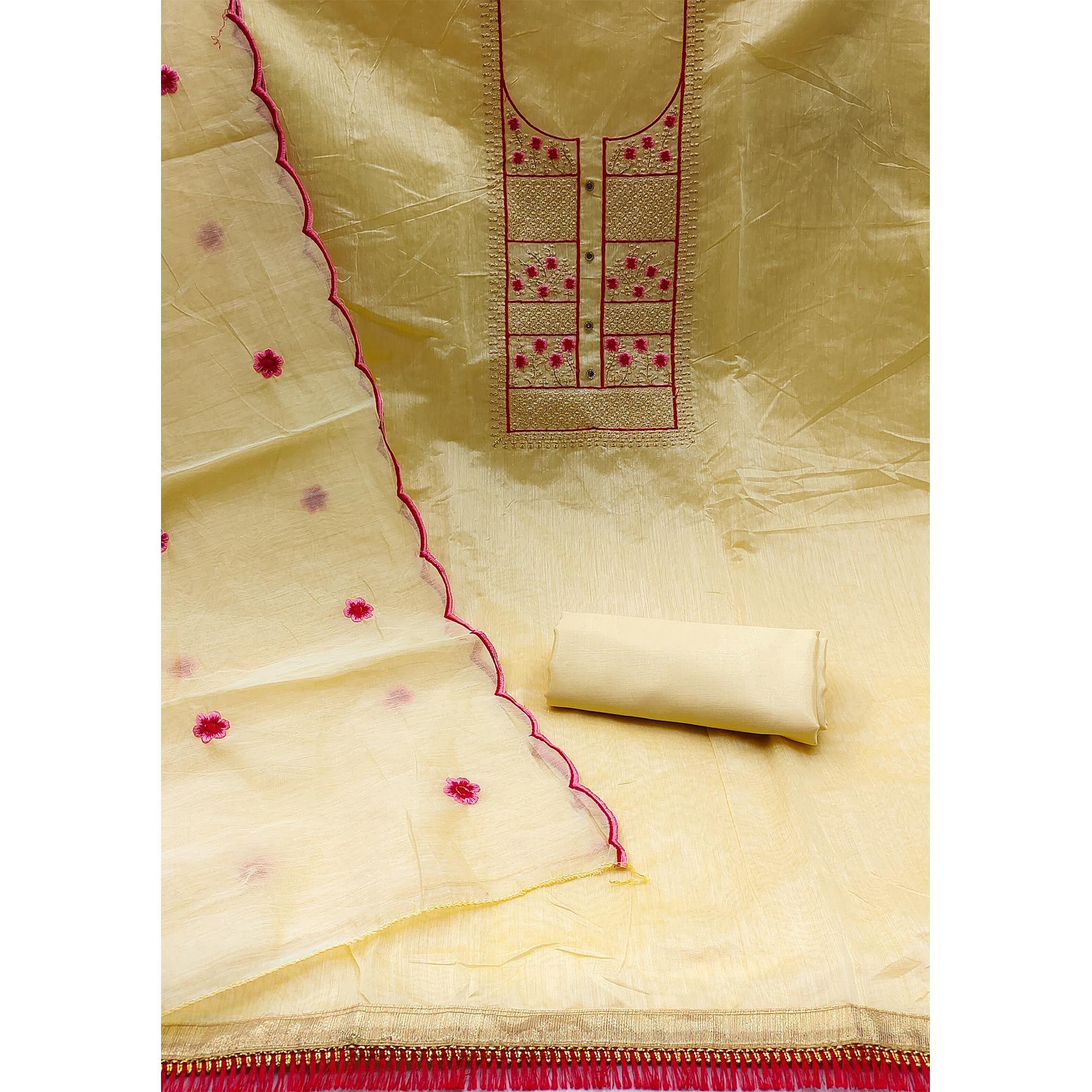 Yellow Floral Embroidered Chanderi Dress Material - Peachmode
