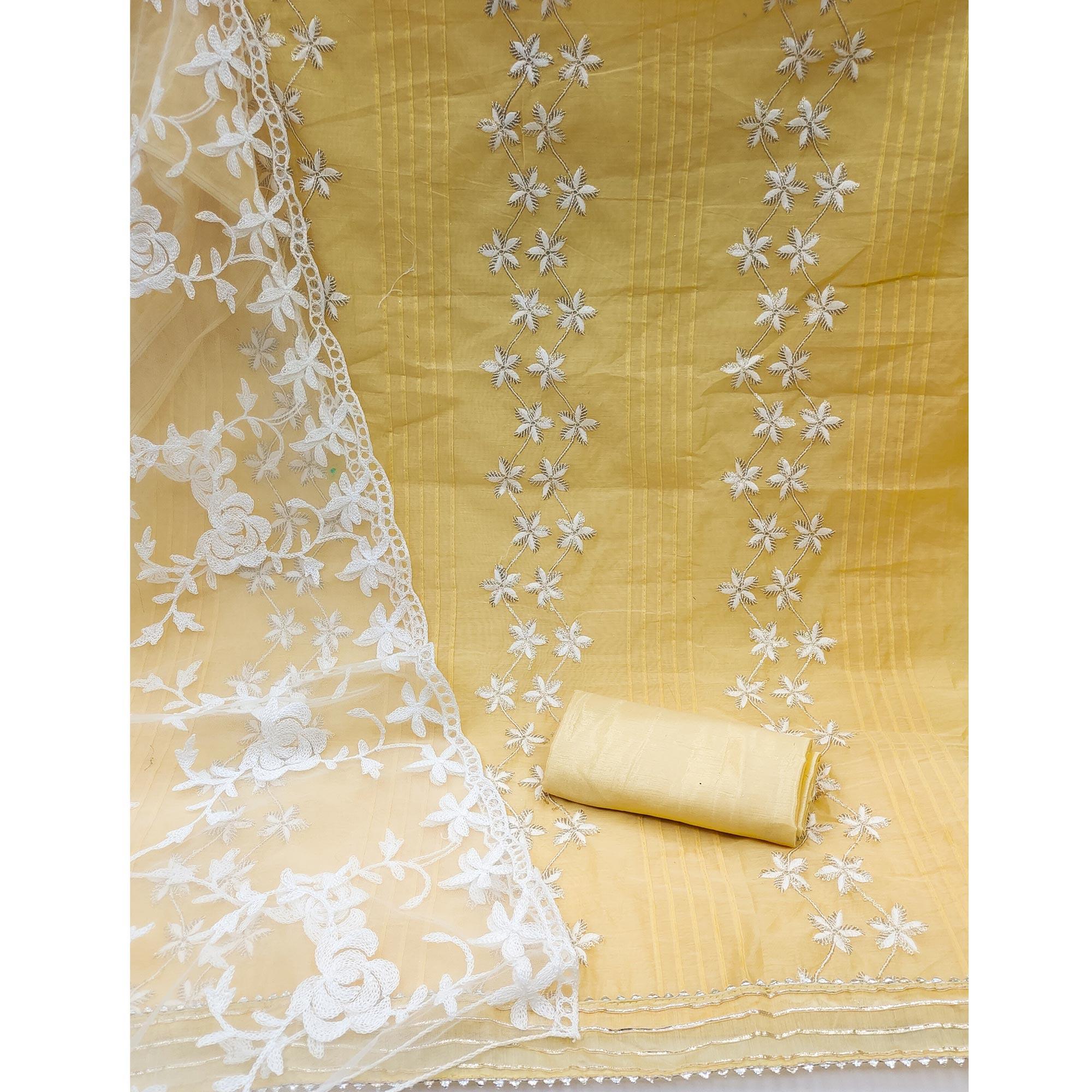 Yellow Floral Embroidered Chanderi Dress Material - Peachmode