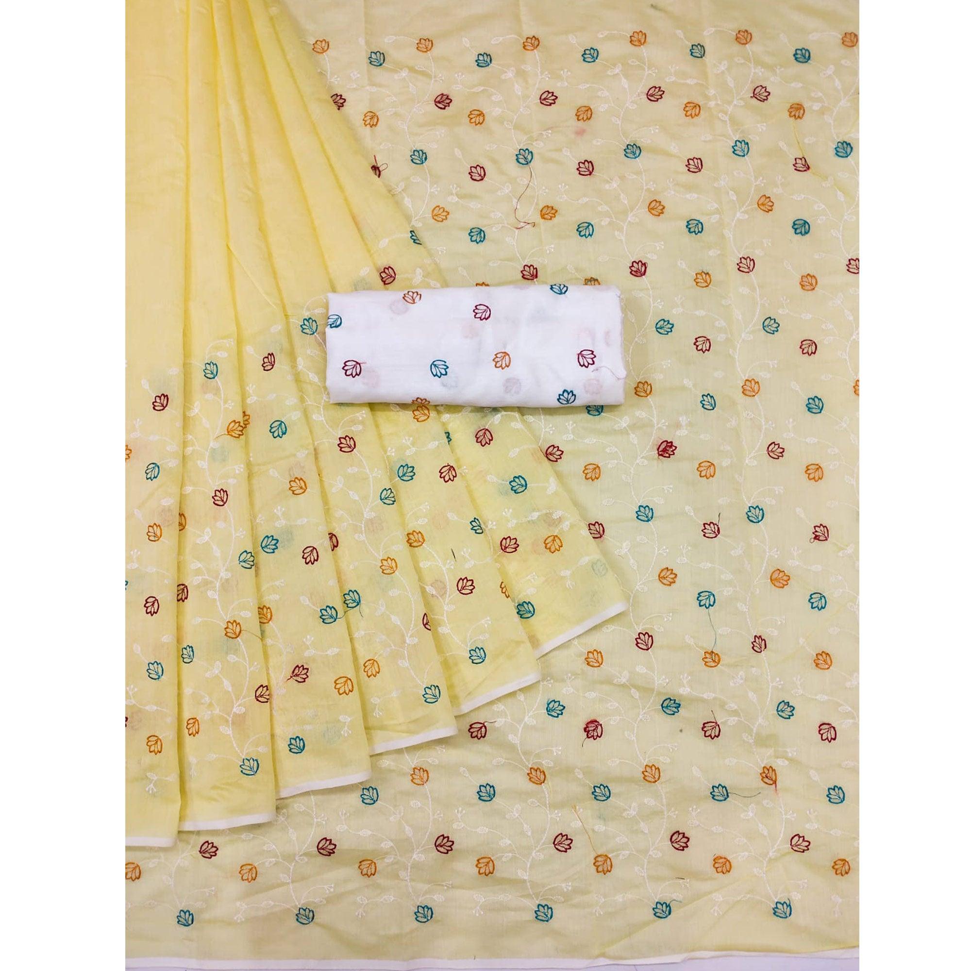 Yellow Floral Embroidered Chanderi Saree - Peachmode