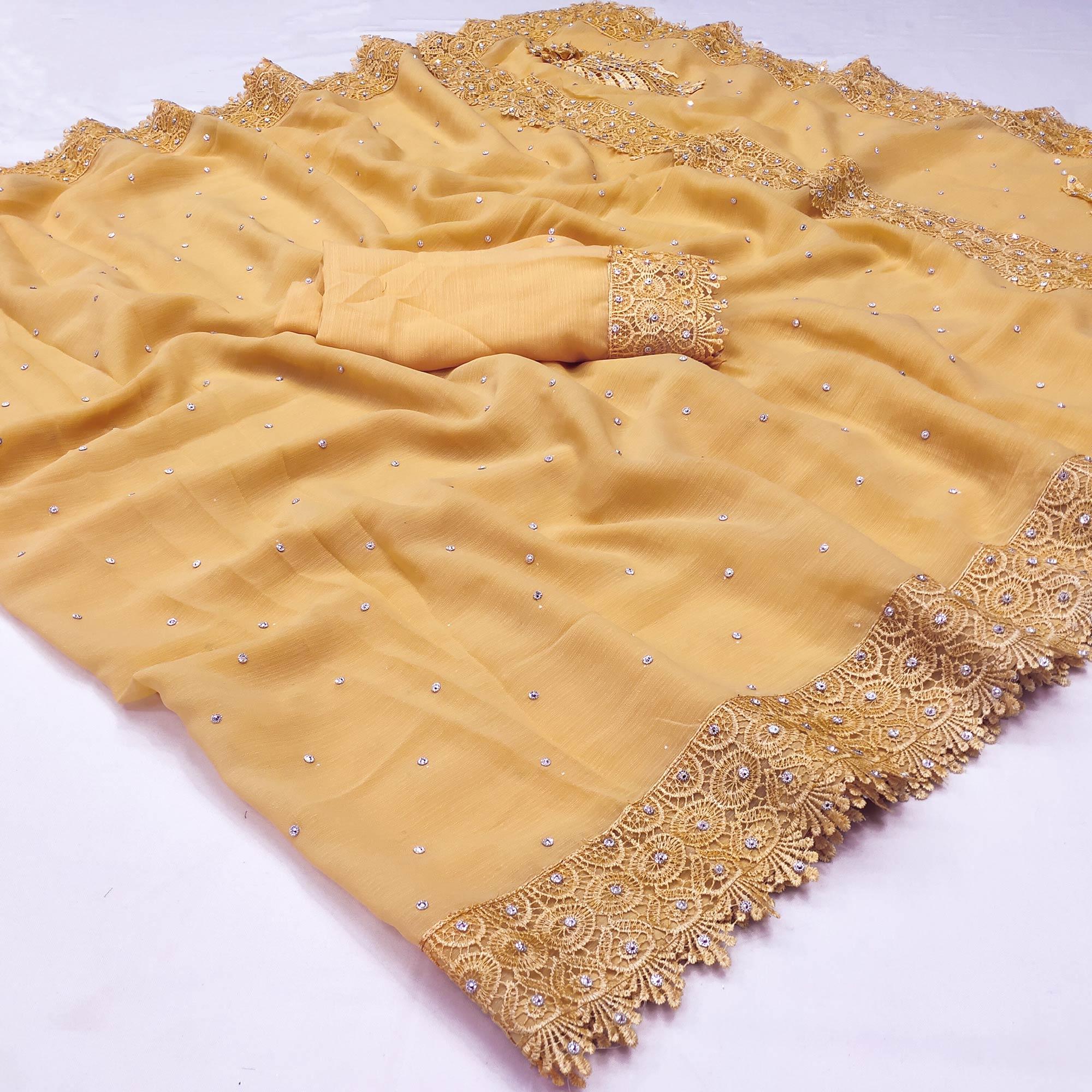 Yellow Floral Embroidered Chiffon Saree - Peachmode