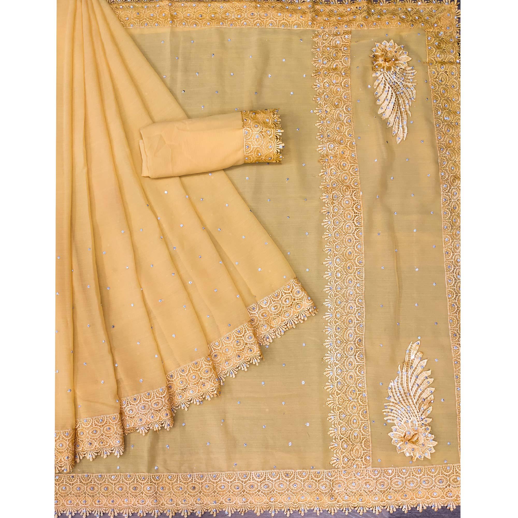 Yellow Floral Embroidered Chiffon Saree - Peachmode