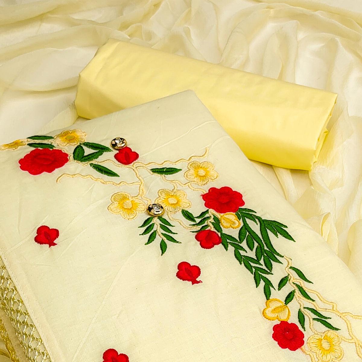 Yellow Floral Embroidered Cotton Blend Dress Material - Peachmode