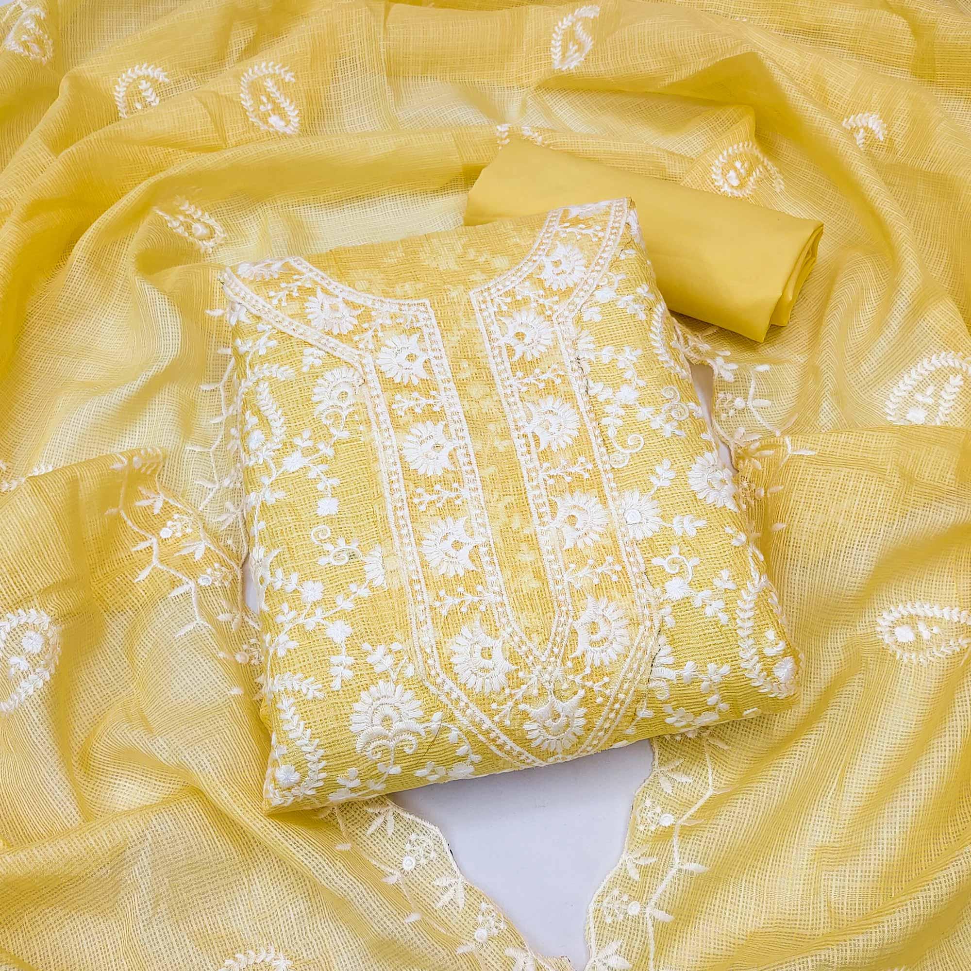 Yellow Floral Embroidered Cotton Dress Material - Peachmode