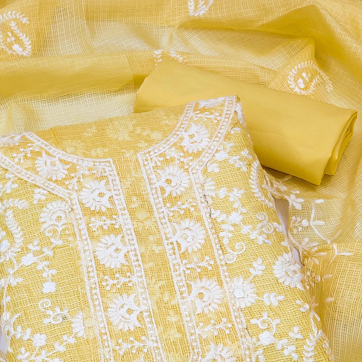 Yellow Floral Embroidered Cotton Dress Material - Peachmode