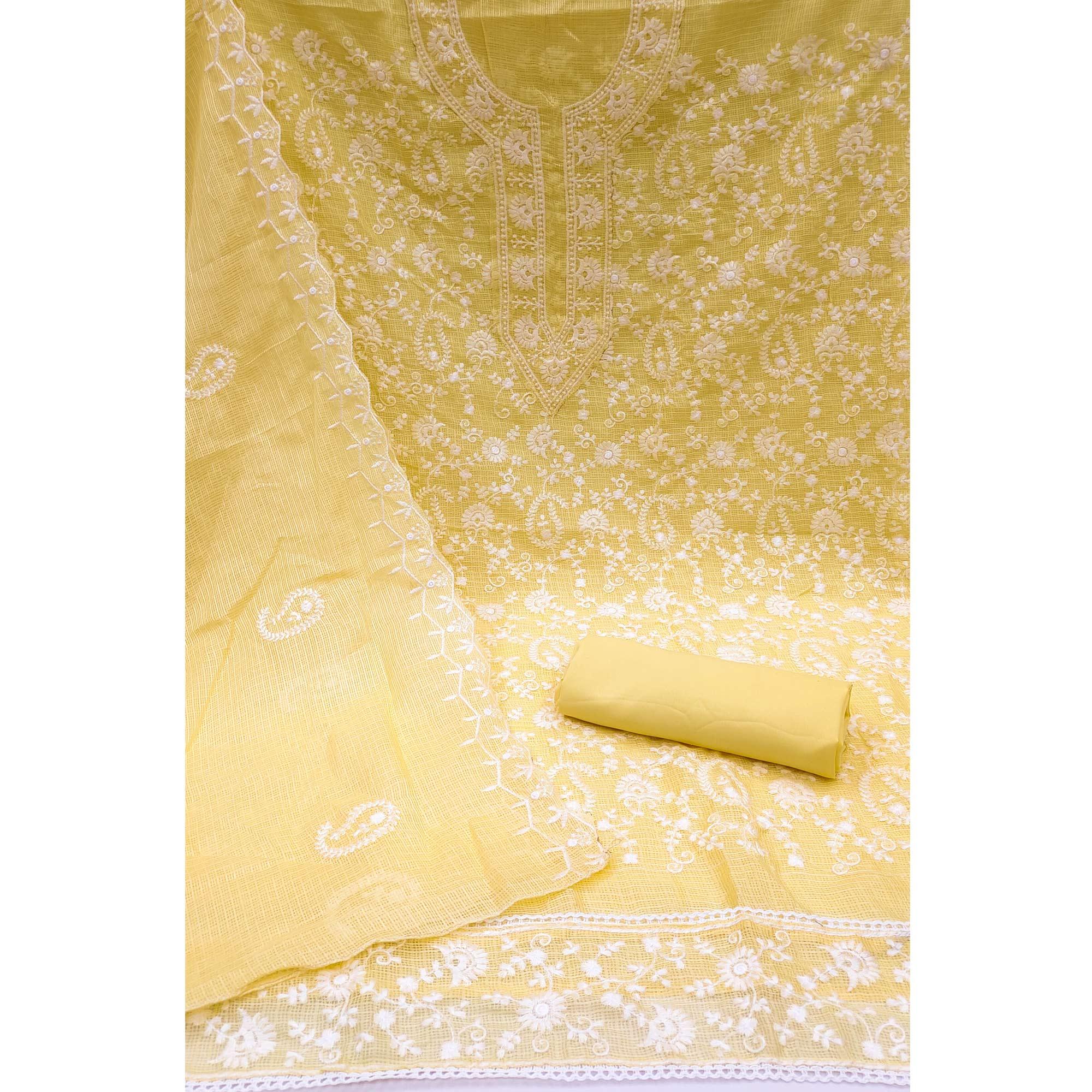 Yellow Floral Embroidered Cotton Dress Material - Peachmode