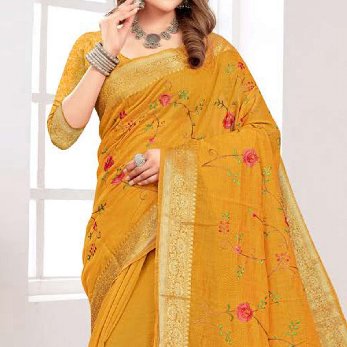 Yellow Floral Embroidered Cotton Silk Saree With Tassels - Peachmode