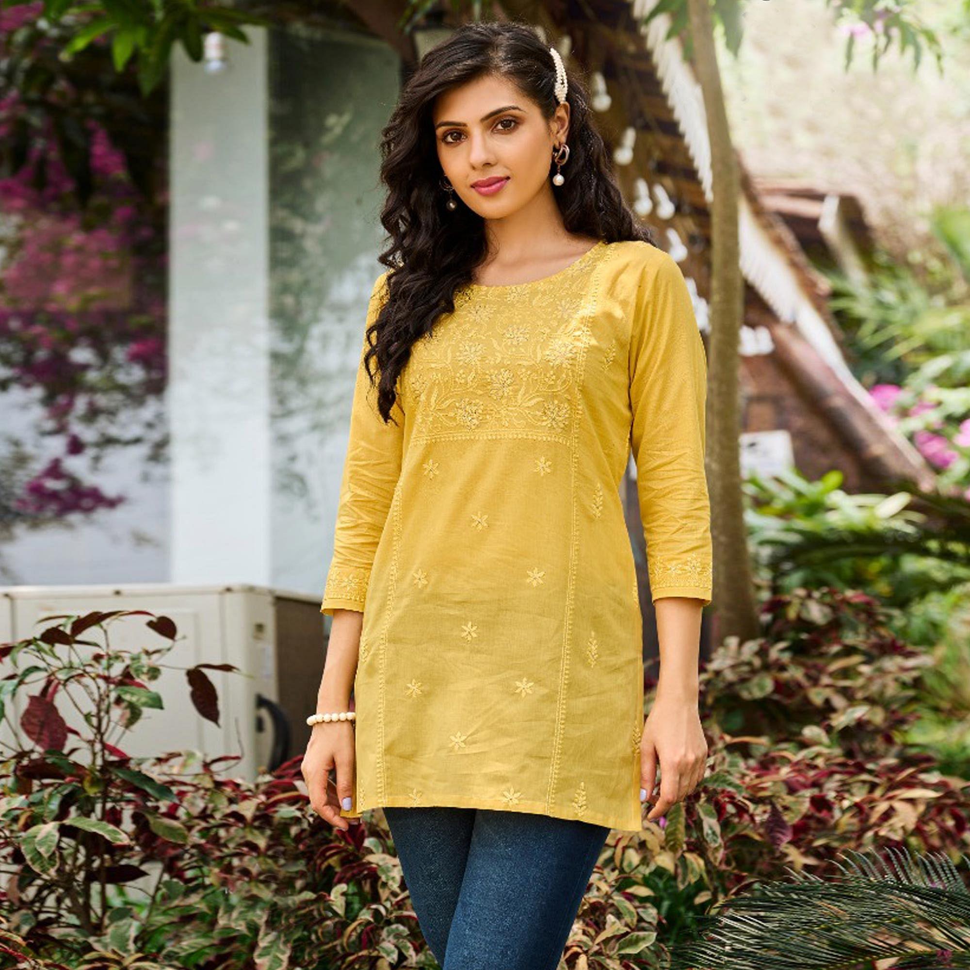 Yellow Floral Embroidered Cotton Top - Peachmode