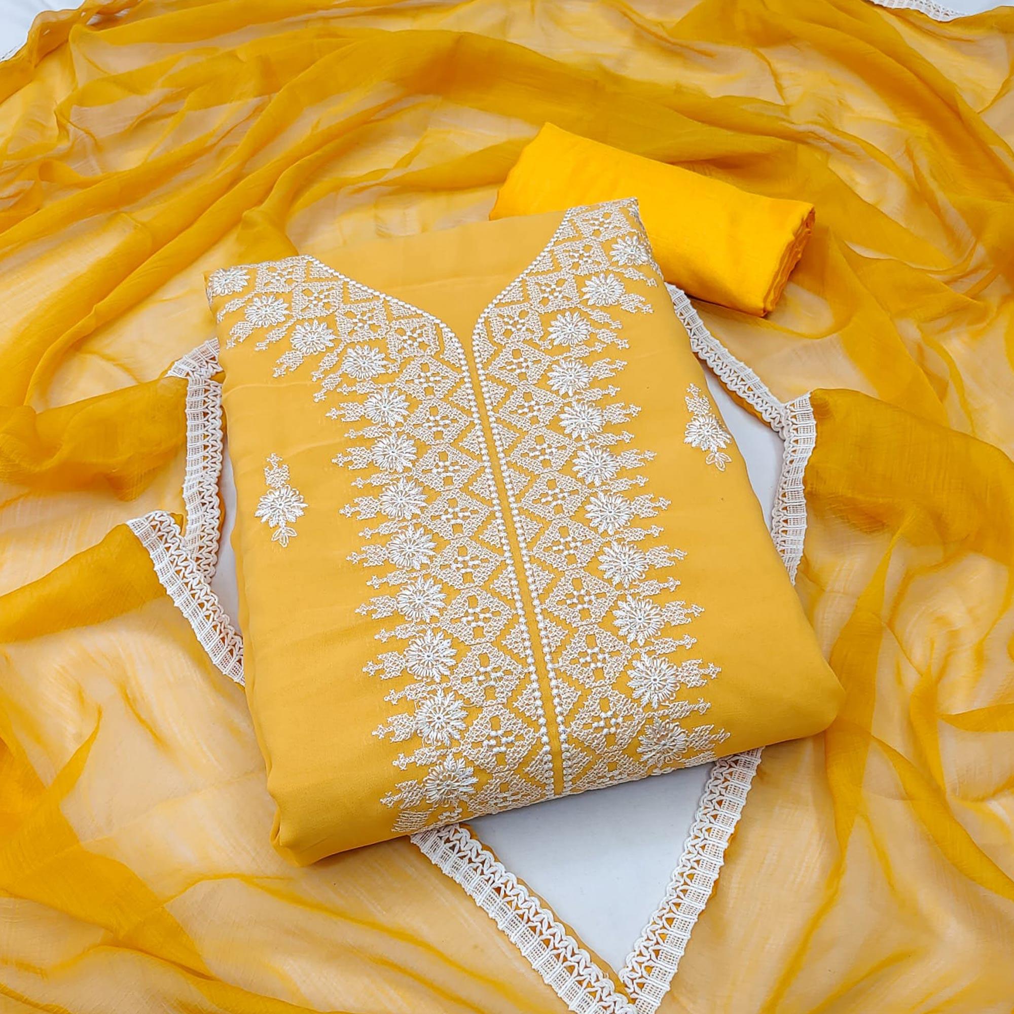 Yellow Floral Embroidered Georgette Dress Material - Peachmode