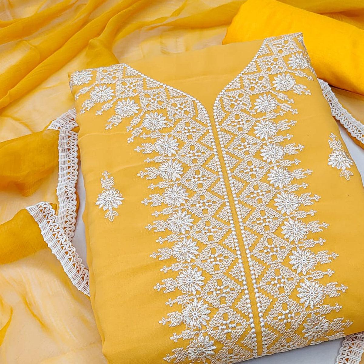 Yellow Floral Embroidered Georgette Dress Material - Peachmode