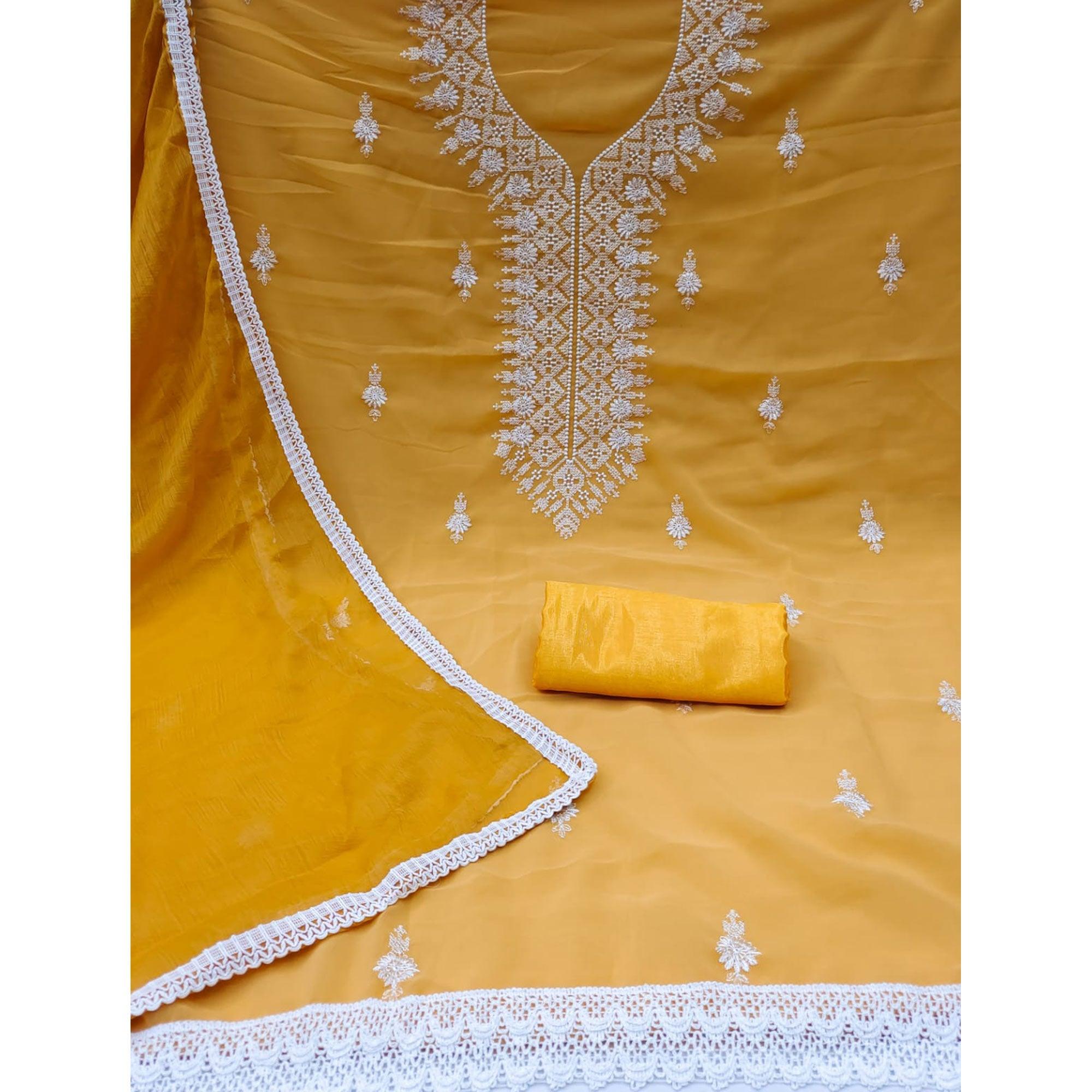Yellow Floral Embroidered Georgette Dress Material - Peachmode
