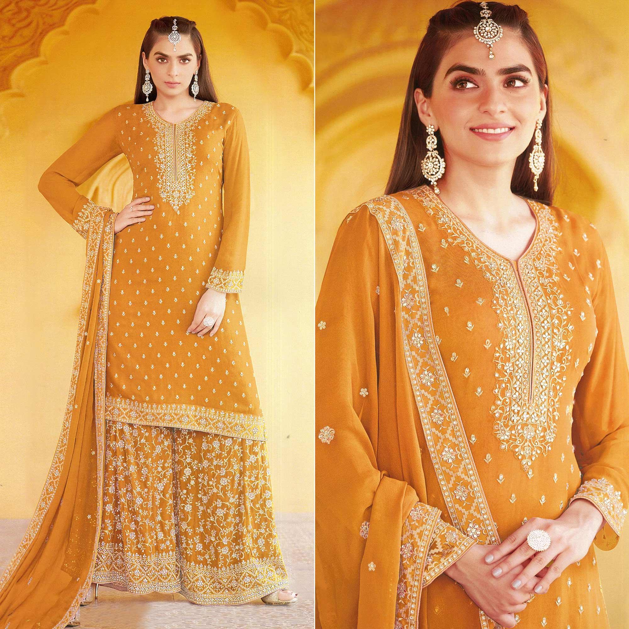 Yellow Floral Embroidered Georgette Sharara Suit - Peachmode