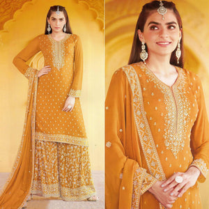 Yellow Floral Embroidered Georgette Sharara Suit - Peachmode
