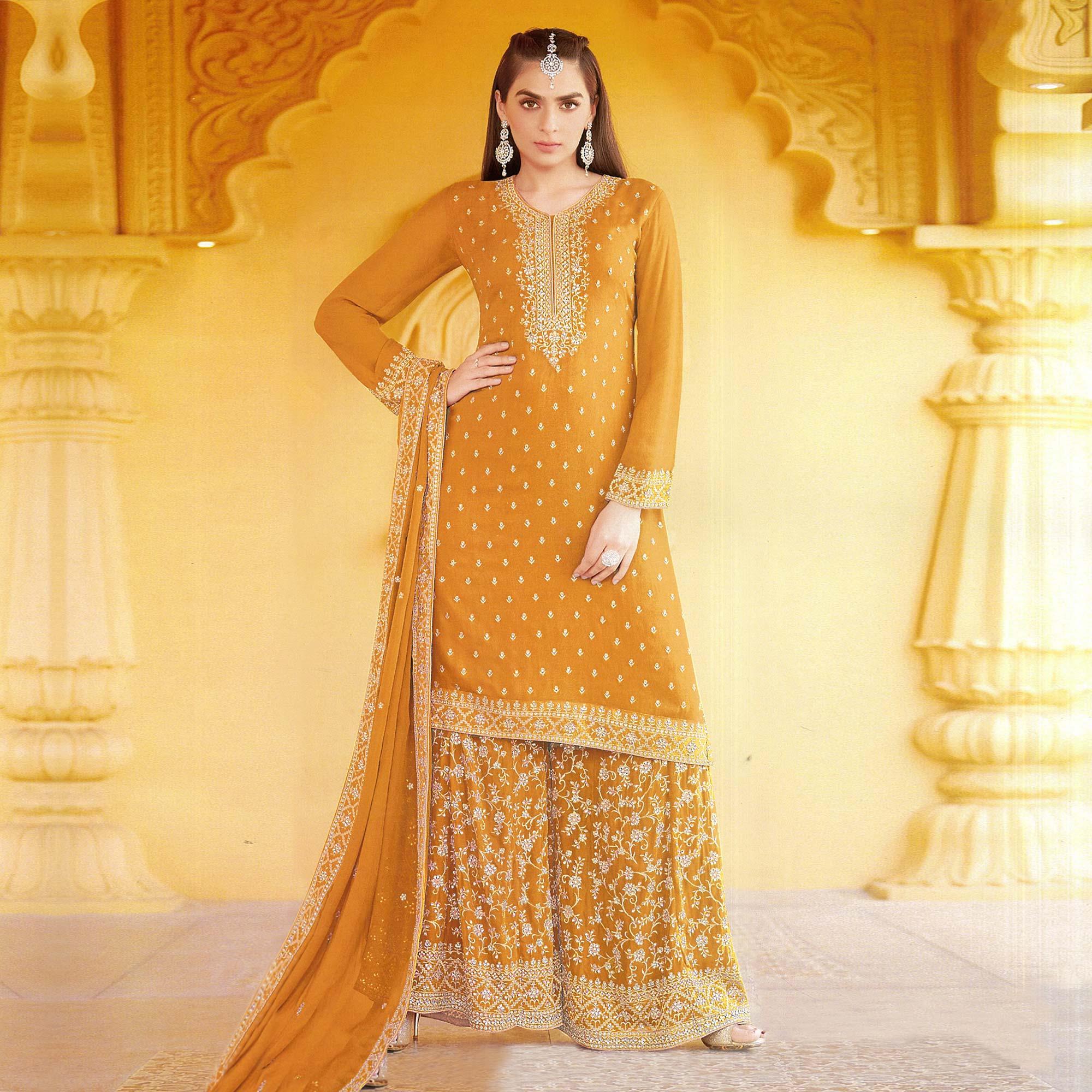 Yellow Floral Embroidered Georgette Sharara Suit - Peachmode