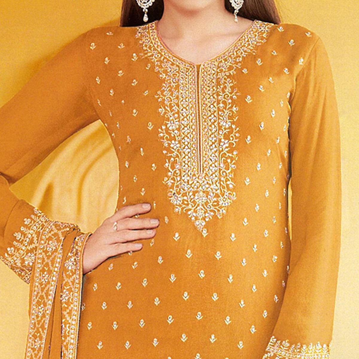 Yellow Floral Embroidered Georgette Sharara Suit - Peachmode