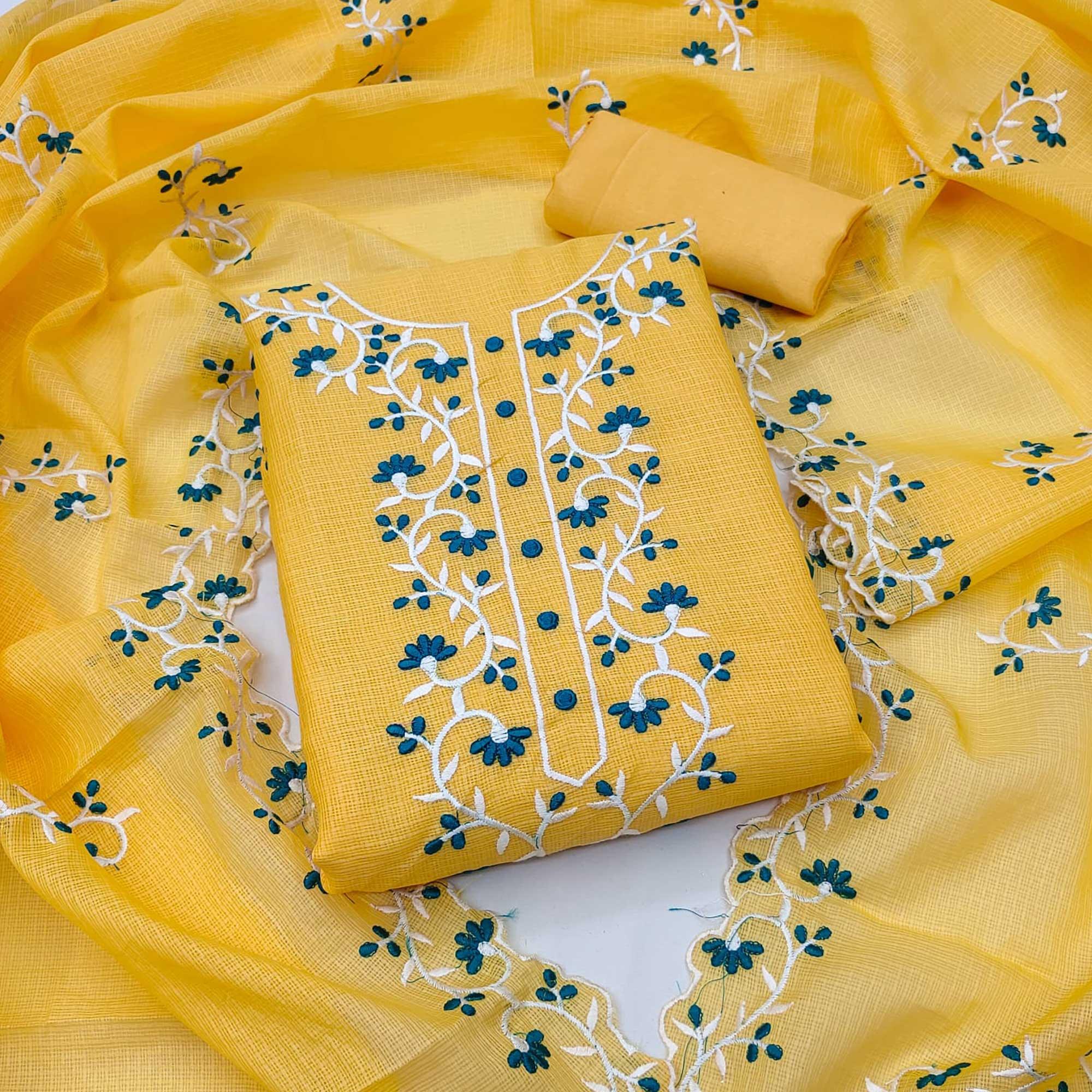 Yellow Floral Embroidered Kota Doria Dress Material - Peachmode