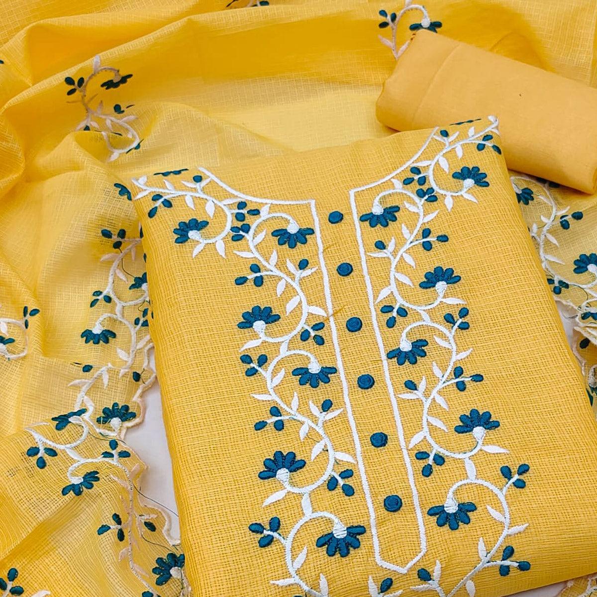 Yellow Floral Embroidered Kota Doria Dress Material - Peachmode