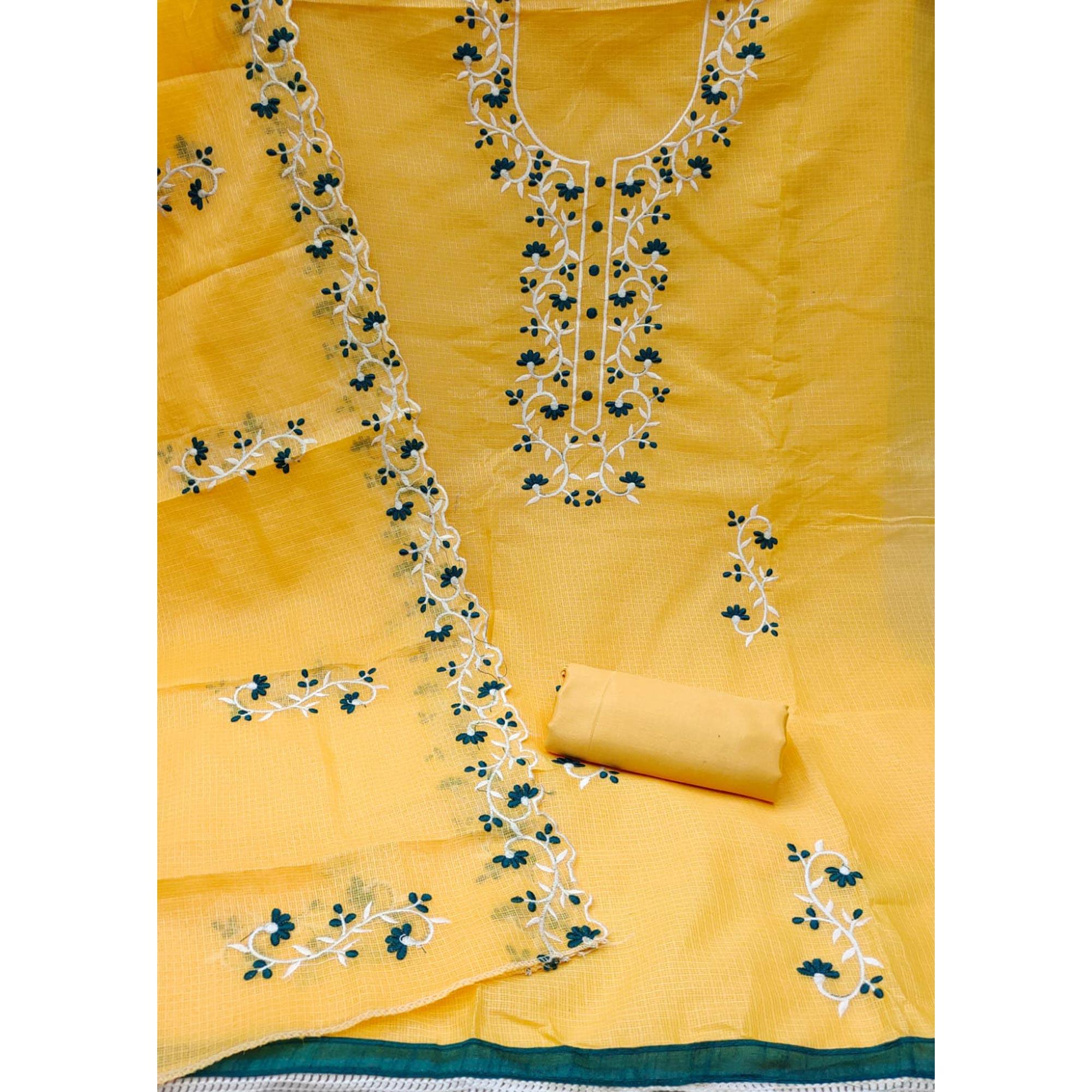 Yellow Floral Embroidered Kota Doria Dress Material - Peachmode