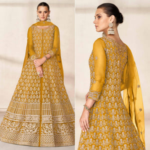 Yellow Floral Embroidered Net Anarkali Style Gown - Peachmode