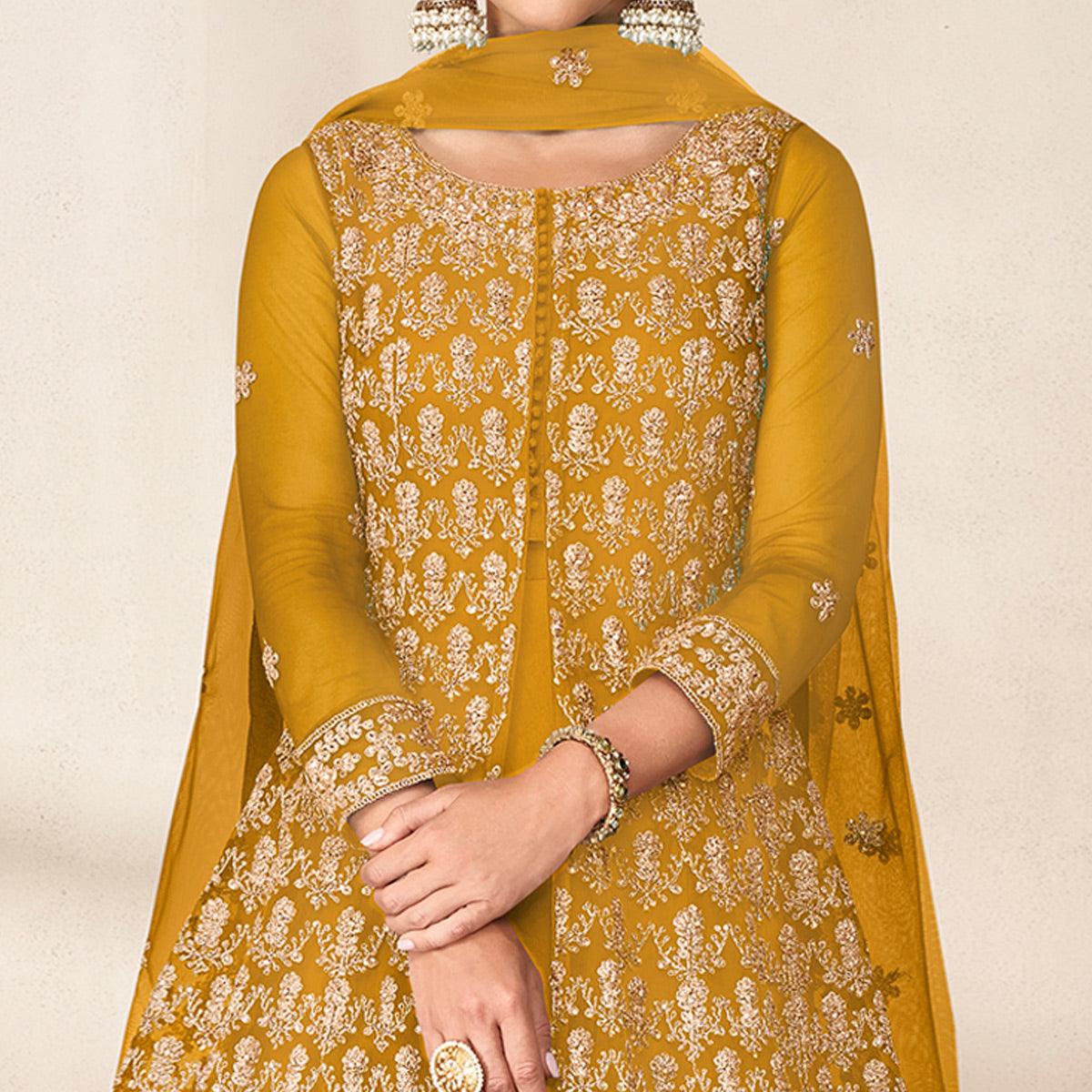 Yellow Floral Embroidered Net Anarkali Style Gown - Peachmode