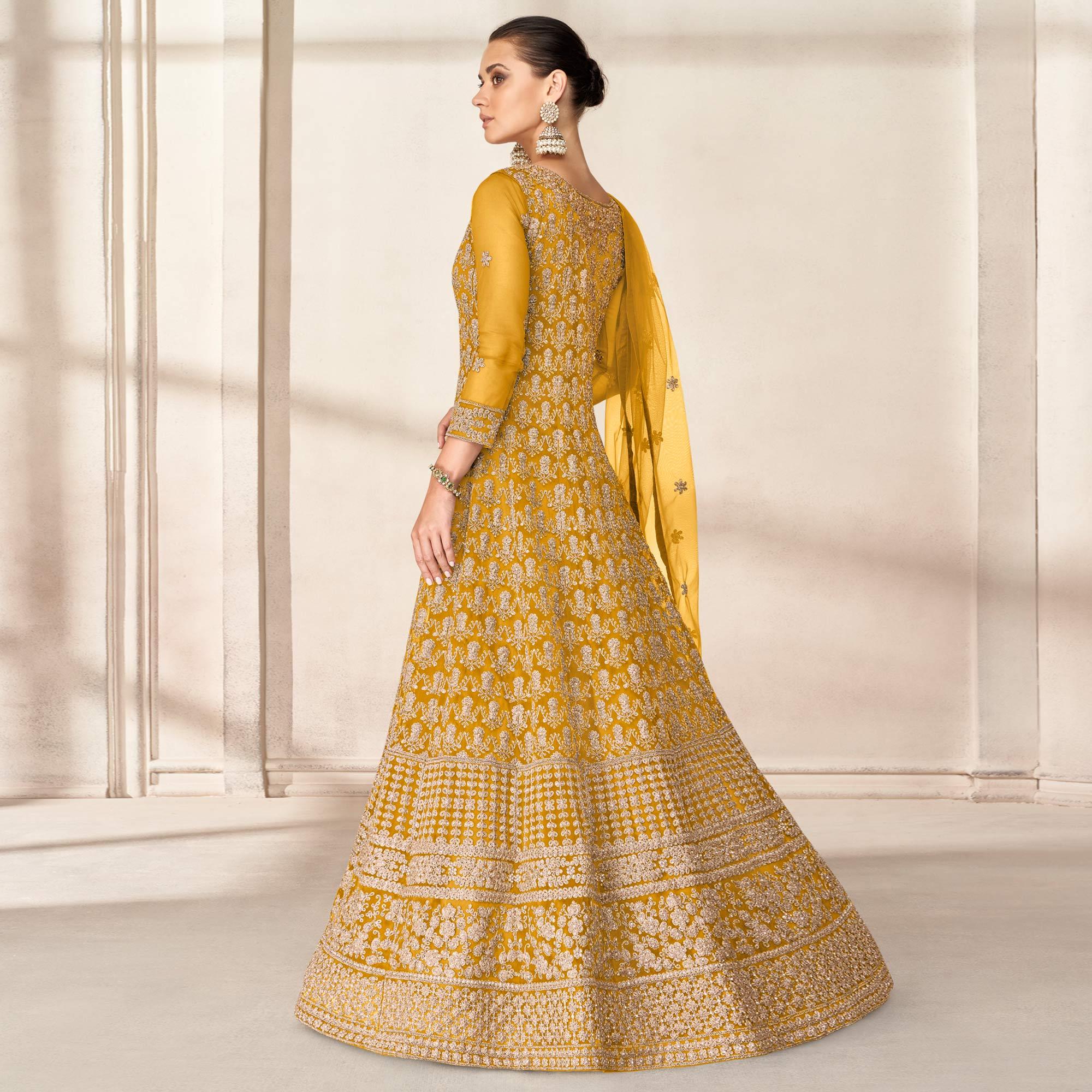 Yellow Floral Embroidered Net Anarkali Style Gown - Peachmode