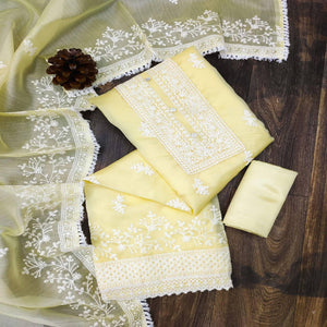 Yellow Floral Embroidered Organza Dress Material - Peachmode