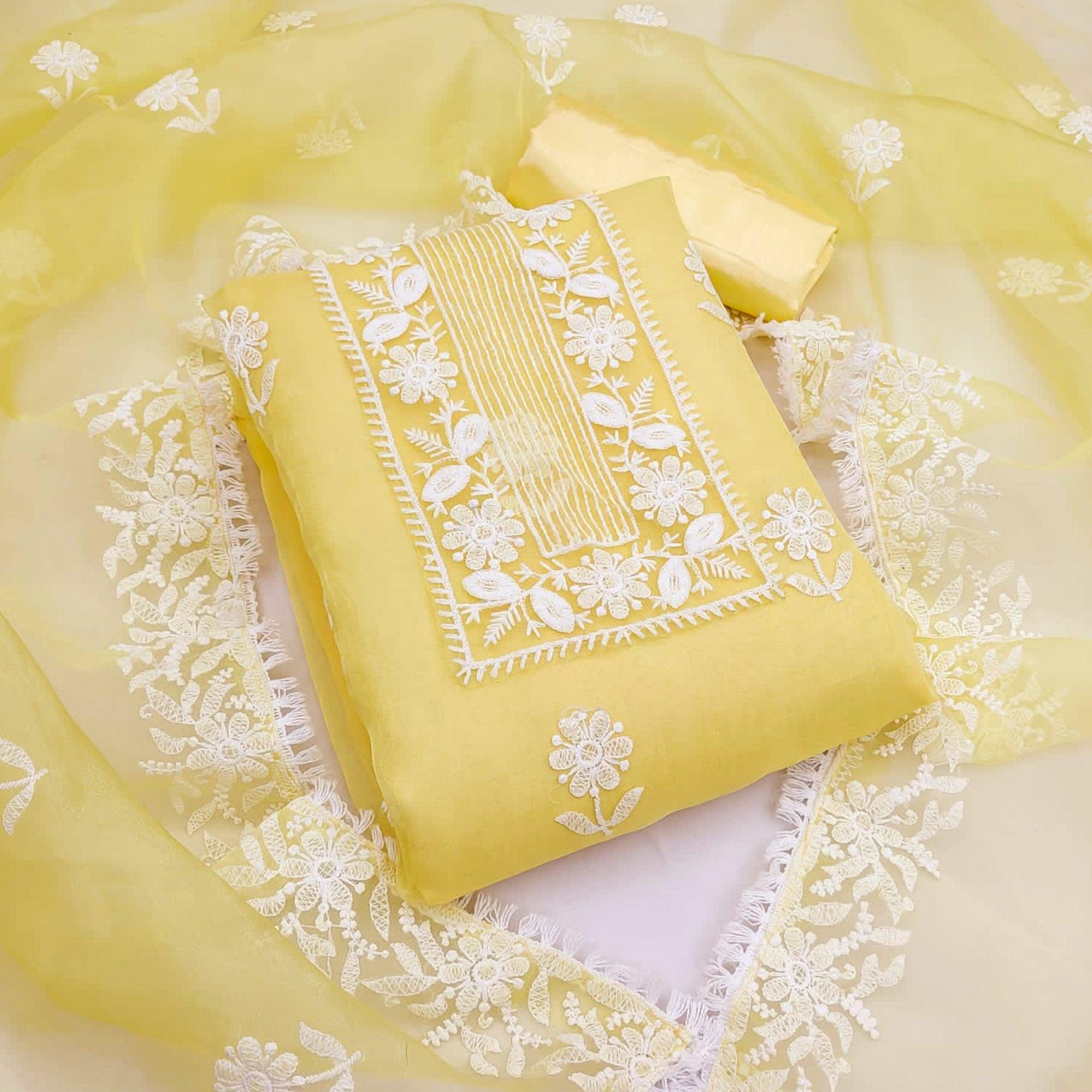 Yellow Floral Embroidered Organza Dress Material - Peachmode