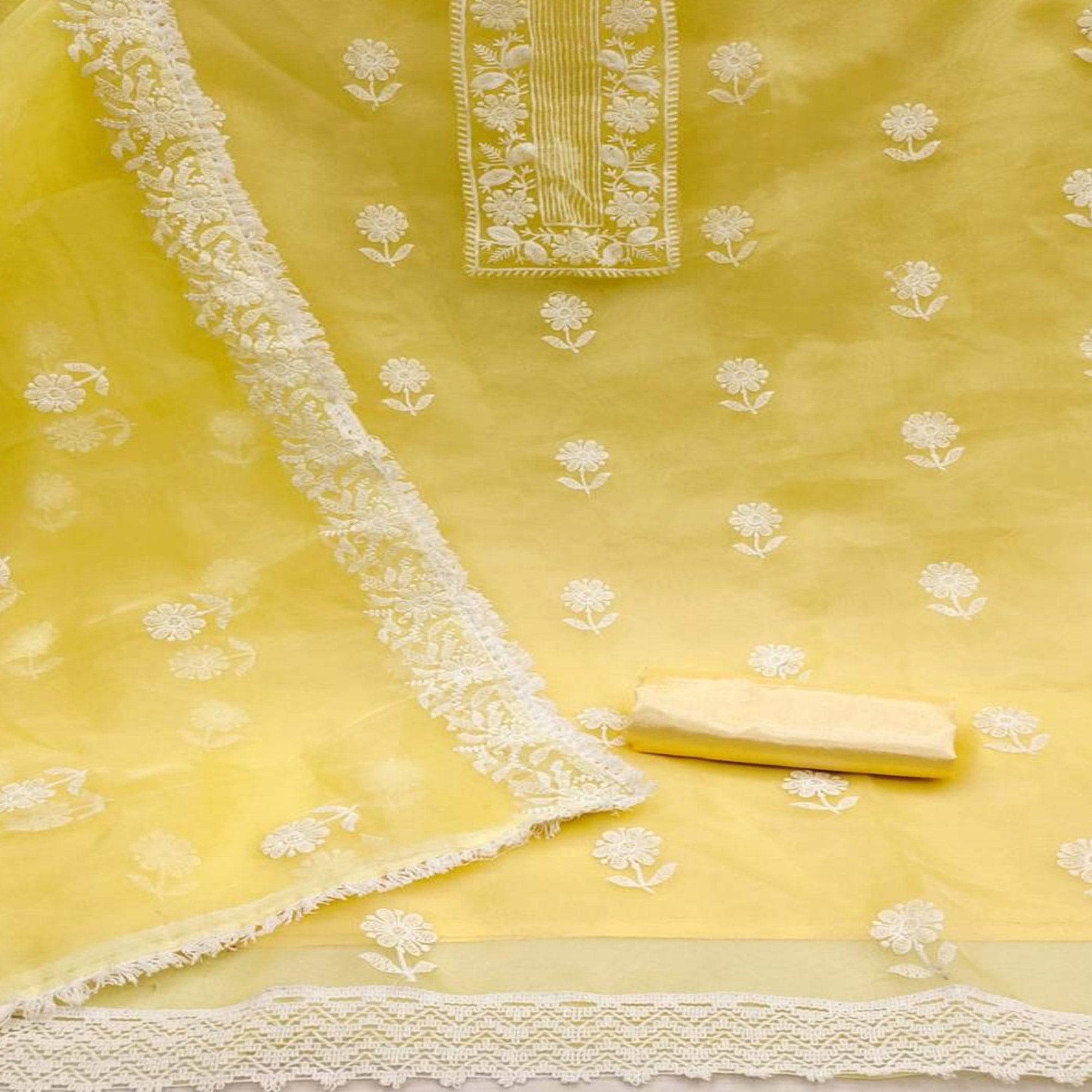 Yellow Floral Embroidered Organza Dress Material - Peachmode