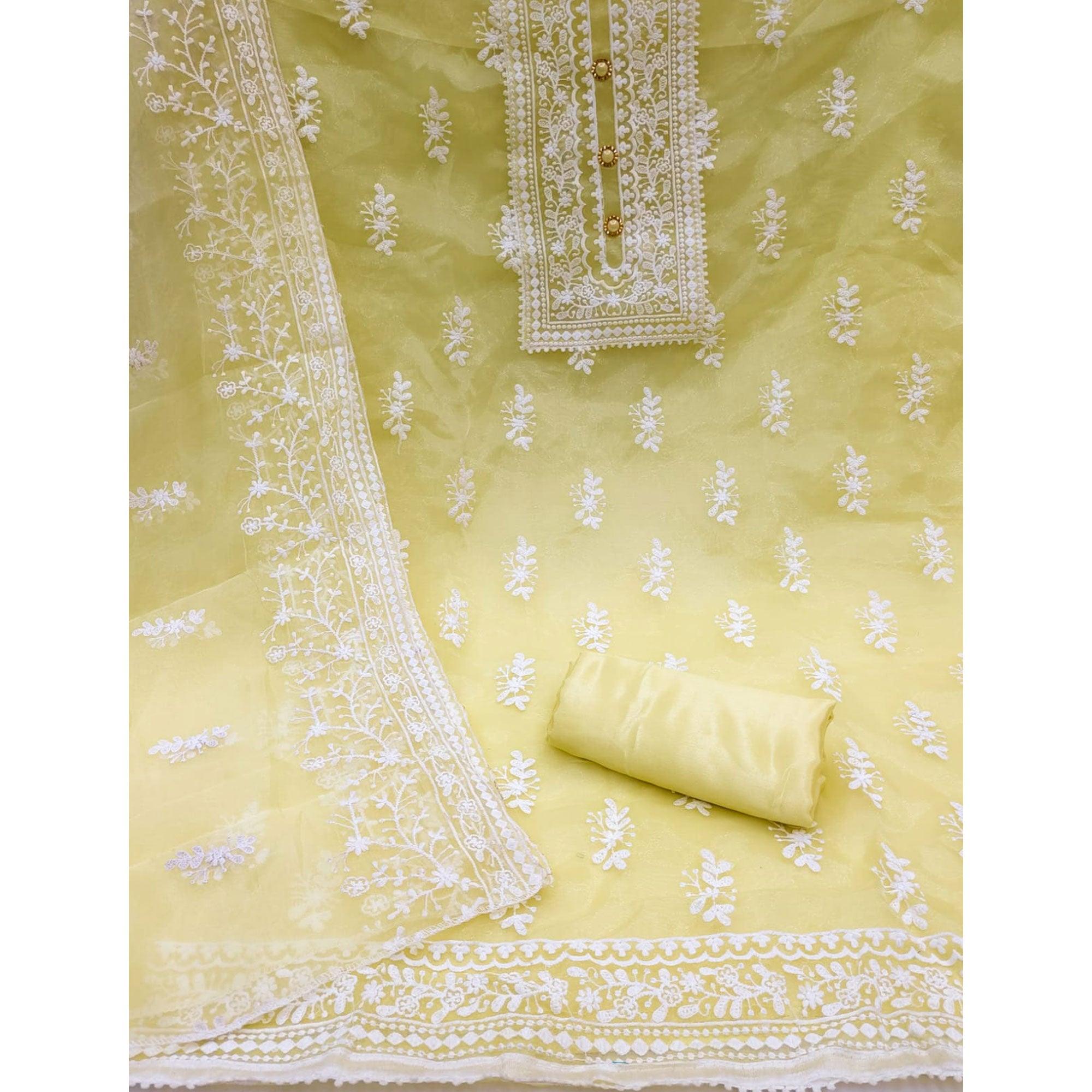 Yellow Floral Embroidered Organza Dress Material - Peachmode