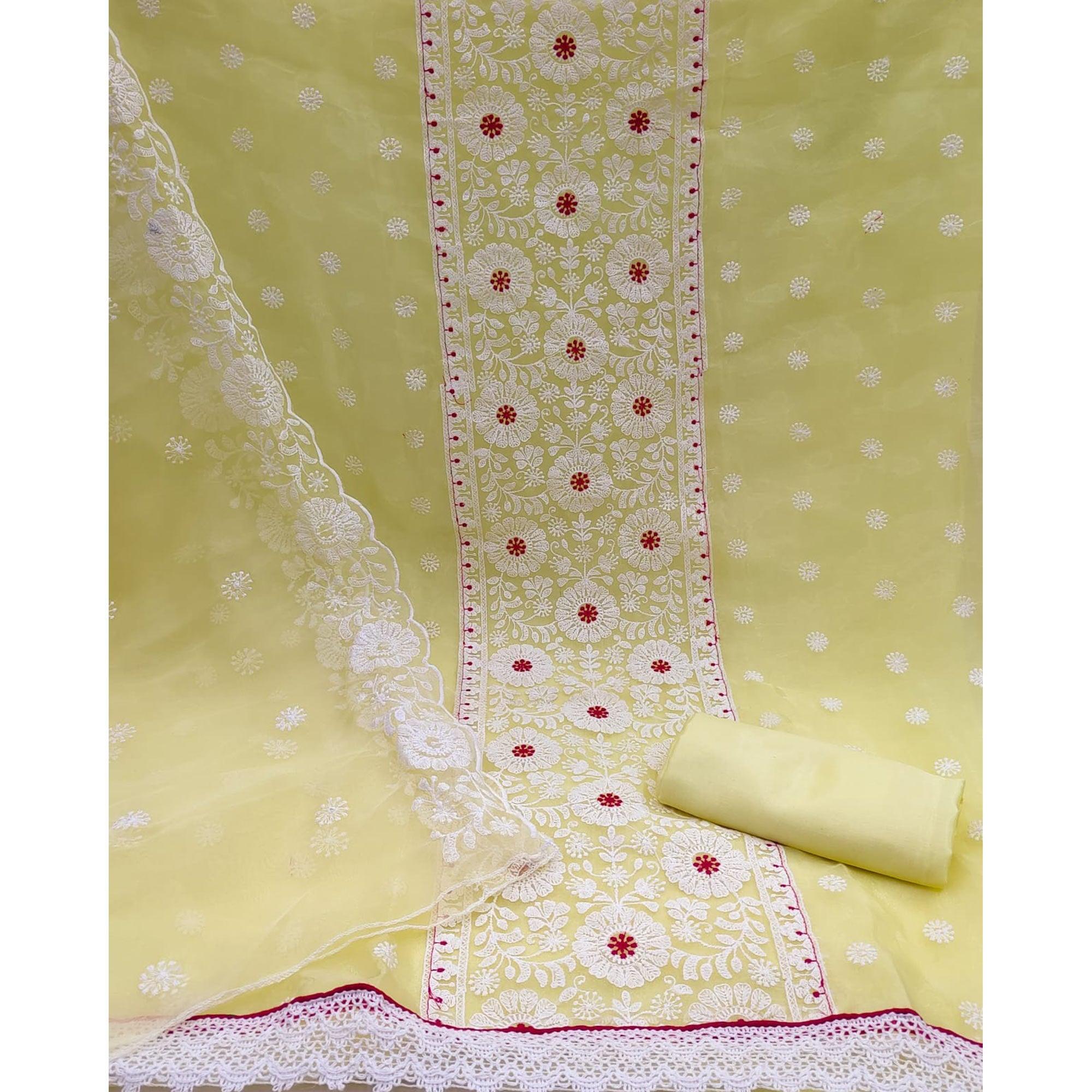 Yellow Floral Embroidered Organza Dress Material - Peachmode