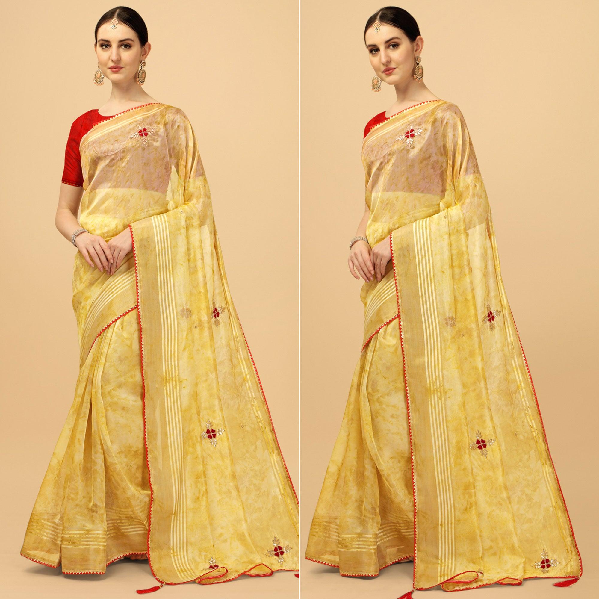 Yellow Floral Embroidered Organza Saree - Peachmode