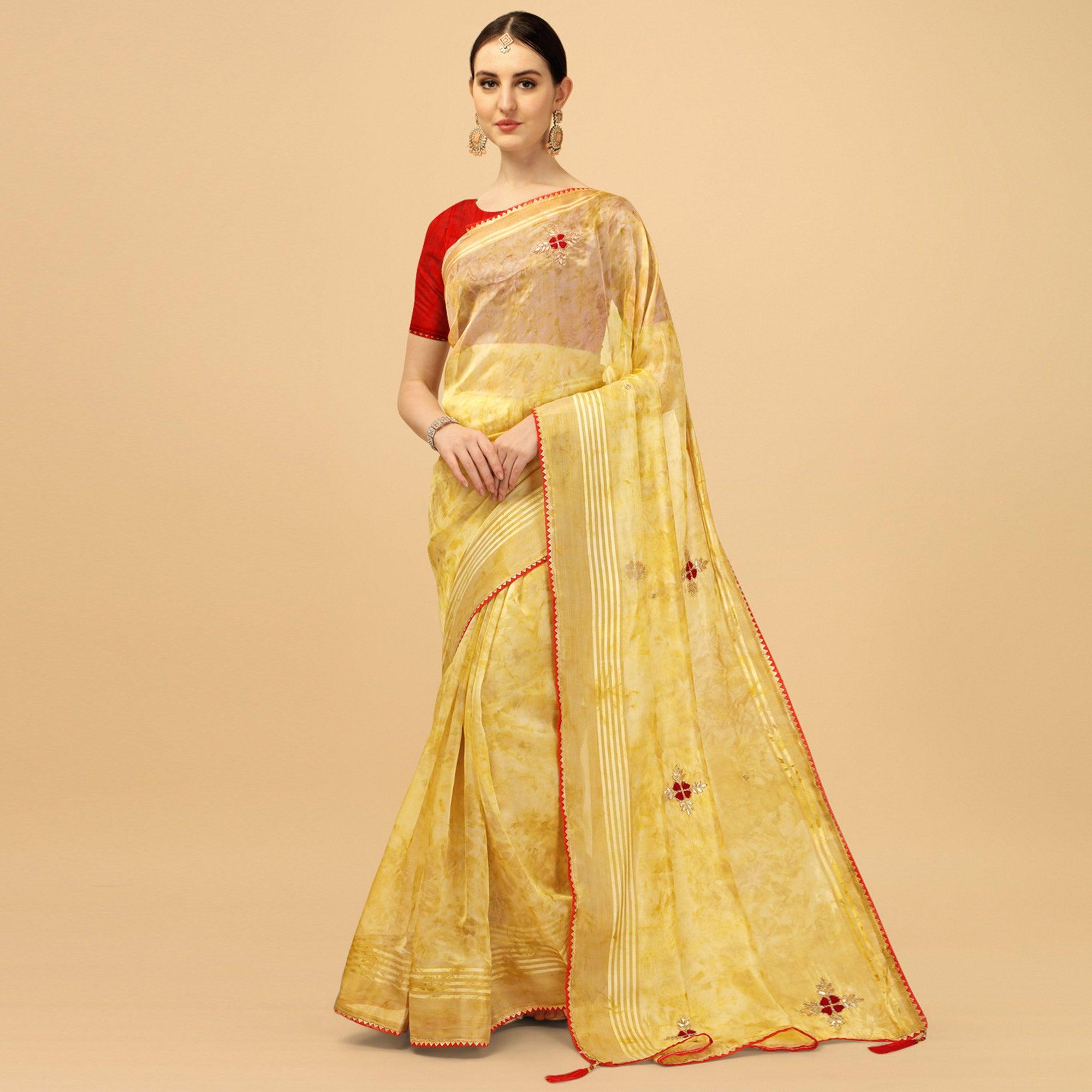 Yellow Floral Embroidered Organza Saree - Peachmode