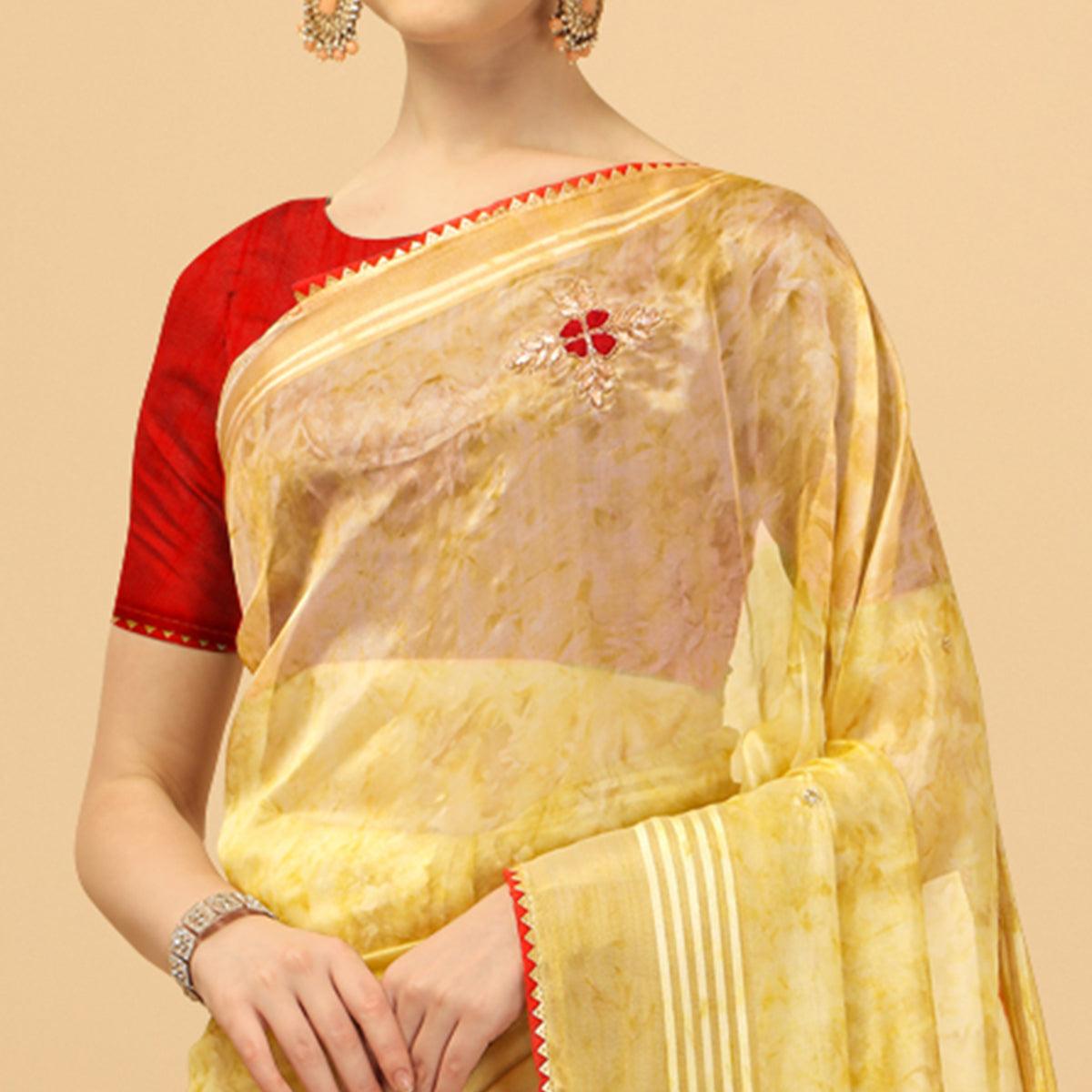 Yellow Floral Embroidered Organza Saree - Peachmode