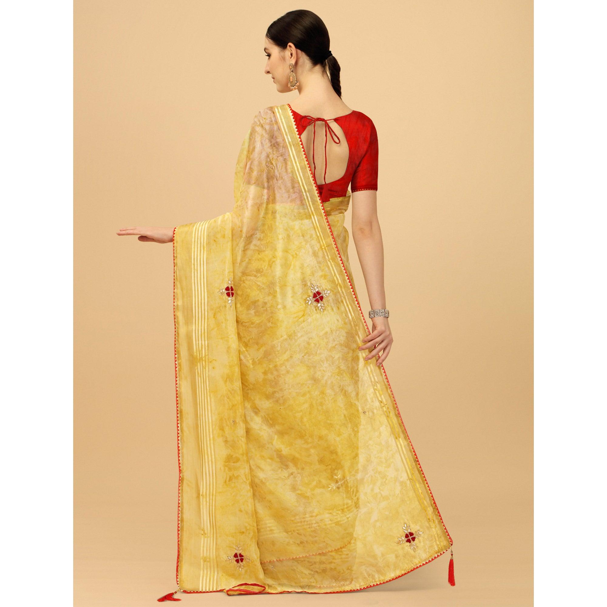 Yellow Floral Embroidered Organza Saree - Peachmode