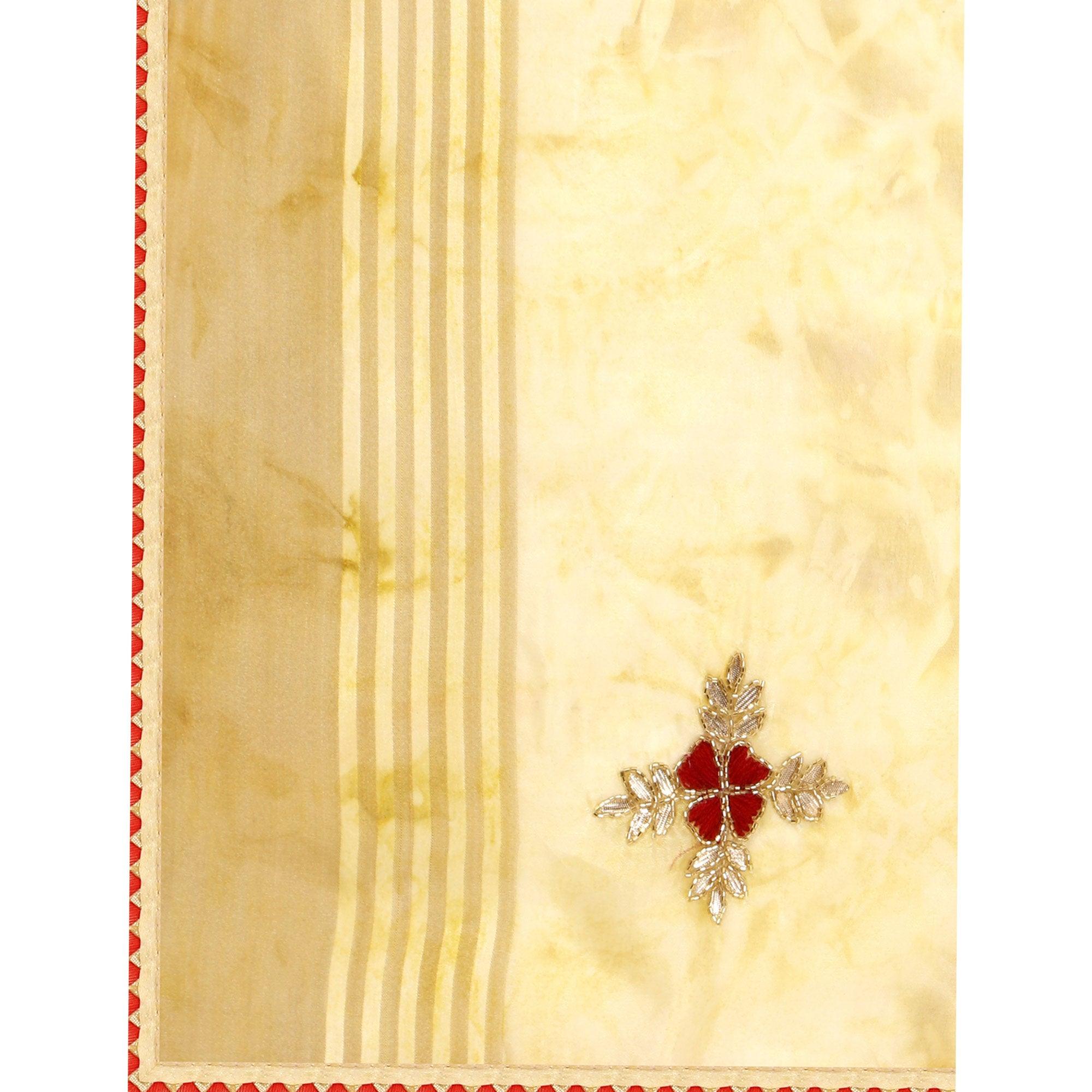 Yellow Floral Embroidered Organza Saree - Peachmode