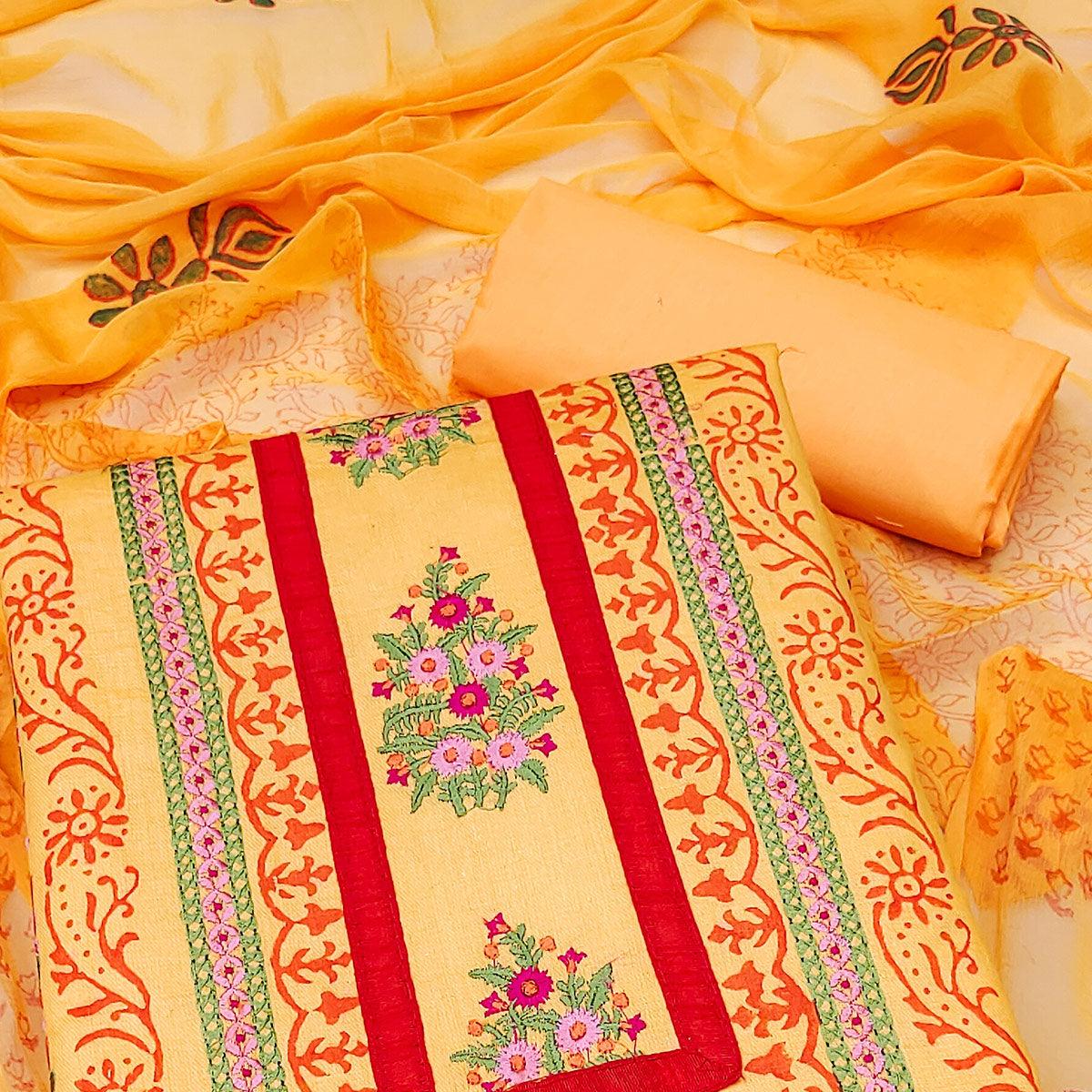 Yellow Floral Embroidered Pure Cotton Dress Material - Peachmode