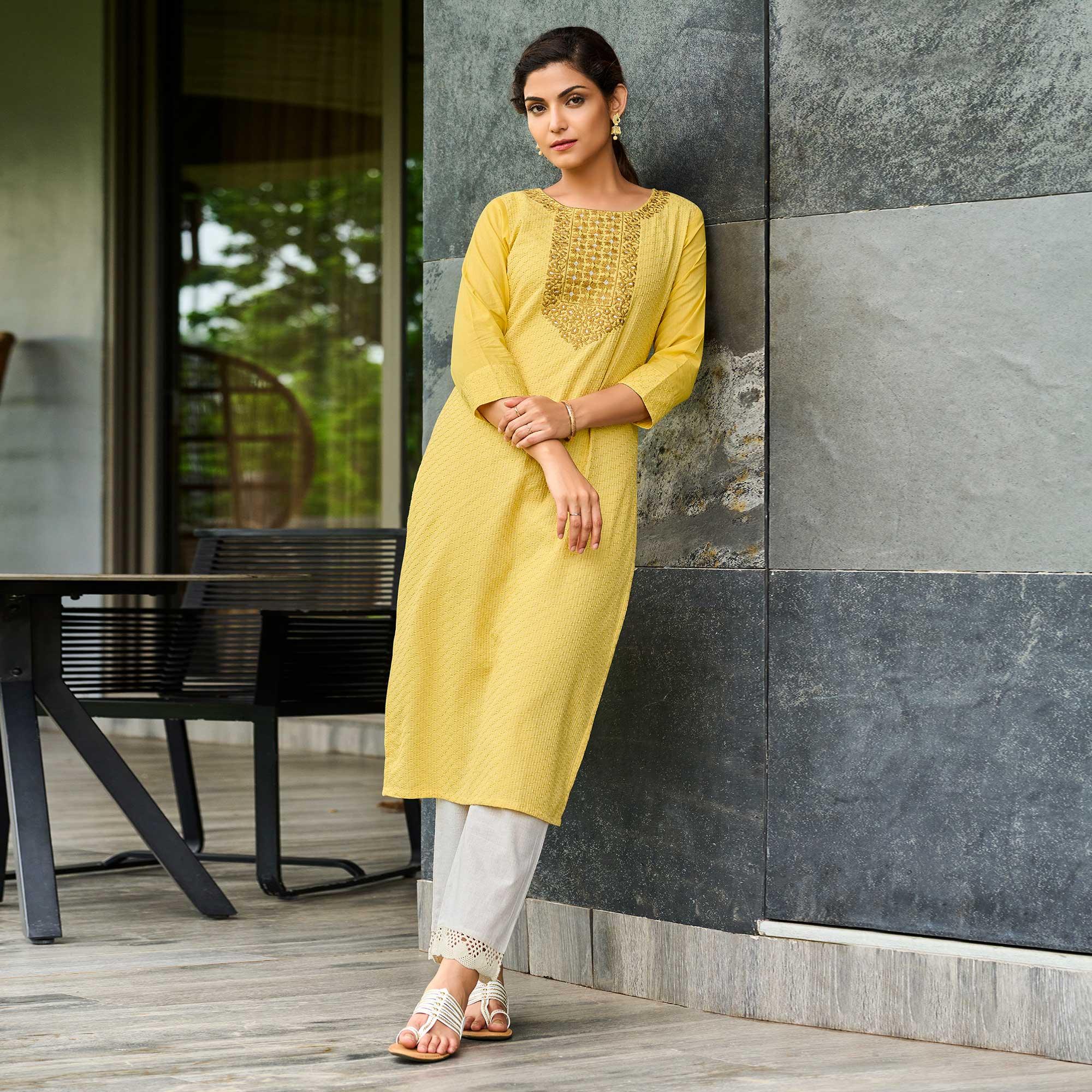 Yellow Floral Embroidered Pure Cotton Kurti - Peachmode
