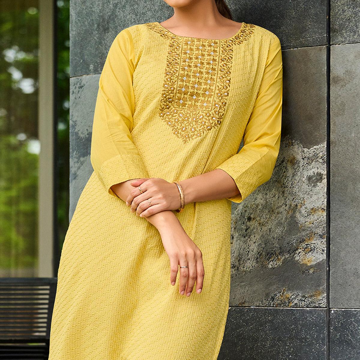 Yellow Floral Embroidered Pure Cotton Kurti - Peachmode