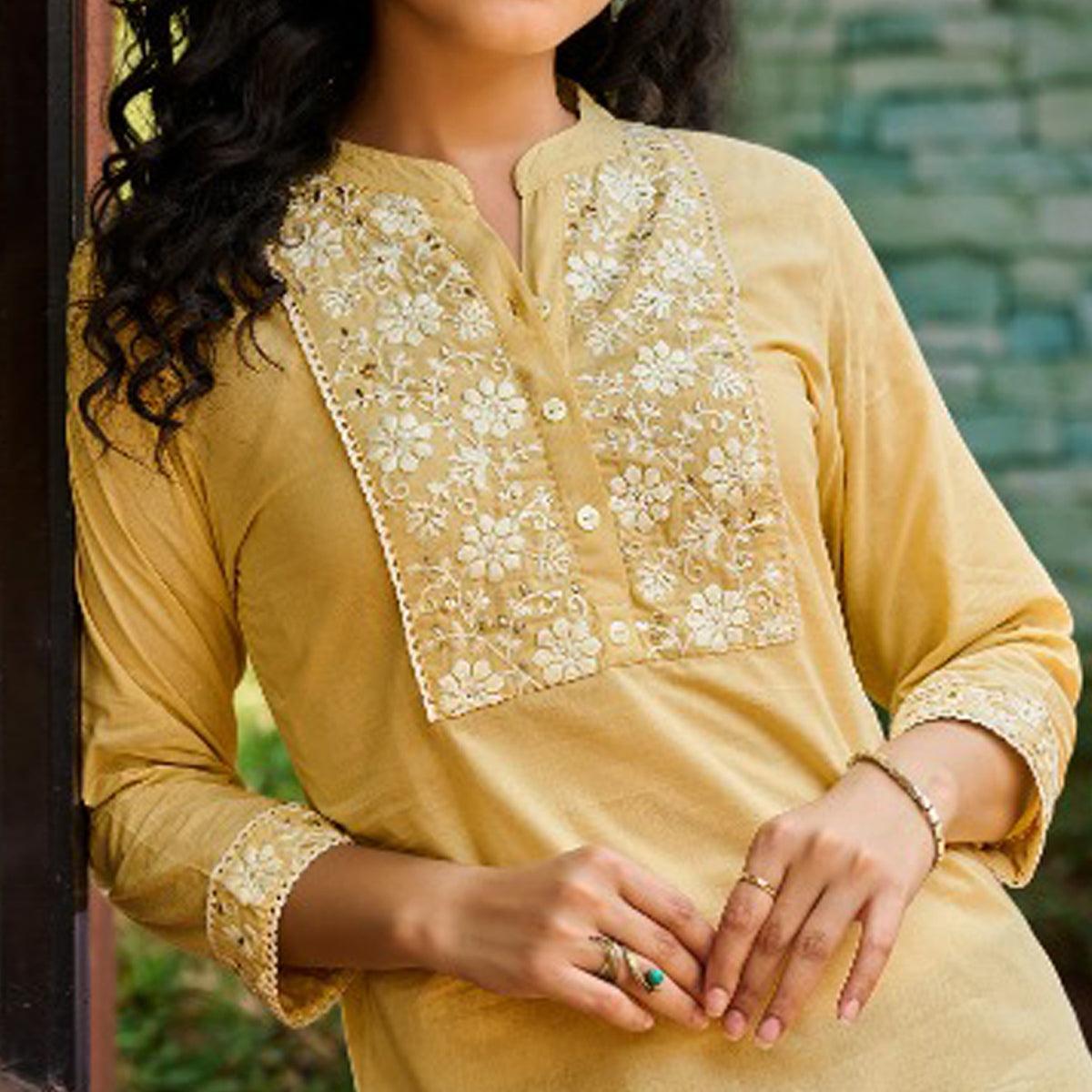 Yellow Floral Embroidered Pure Cotton Top - Peachmode