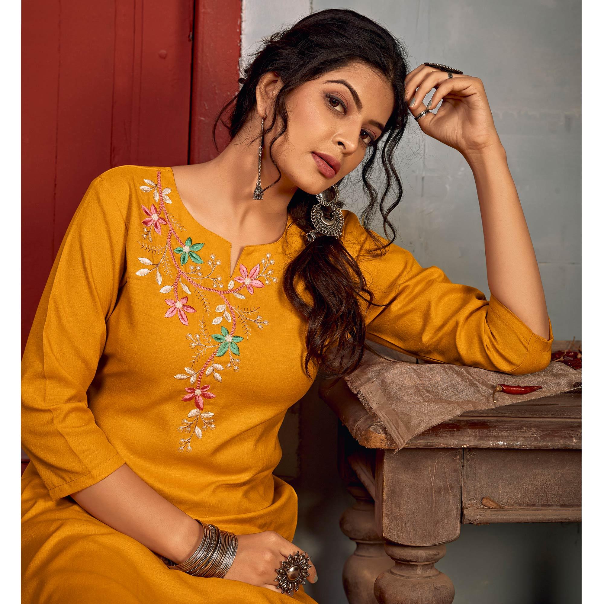 Yellow Floral Embroidered Rayon Kurti Pant Set - Peachmode