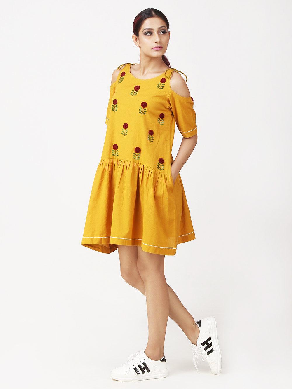 Yellow Floral Embroidered Rayon Short Dress - Peachmode